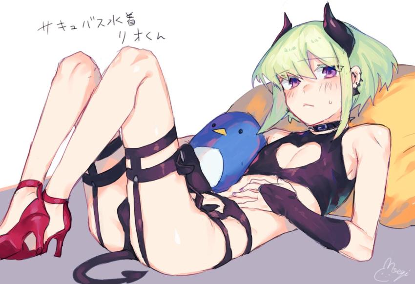 1boy ankle_strap black_gloves blonde_hair blush bra collar crossdressing demon_tail demon_wings disgaea earrings etna femboy girly gloves green_hair half_gloves high_heels horns jewelry lio_fotia looking_at_viewer male male_focus male_only moegi0926 navel nippon_ichi_software panties pillow prinny promare purple_eyes solo strappy_heels tail trap underwear wings