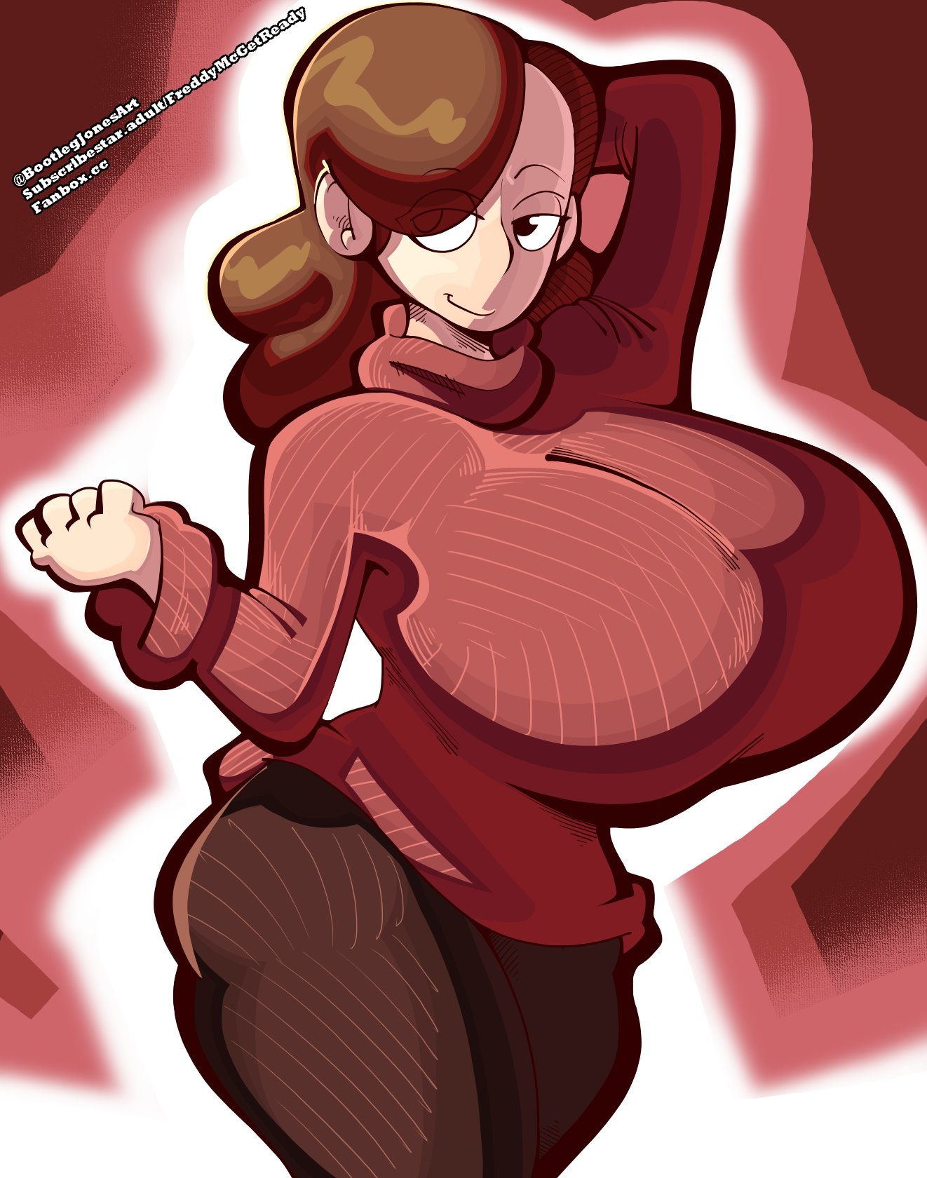 1girls, big breasts, black eyes, bootlegjones, bottomwear, breasts, brown hair, brown pants, clothing, eye visible through hair, female, female only, hair, hilda (series), hips, huge breasts, johanna (hilda), large breasts, mature female, mature woman, milf, mother, pants, red sweater, solo, solo female, sweater, thighs, topwear
