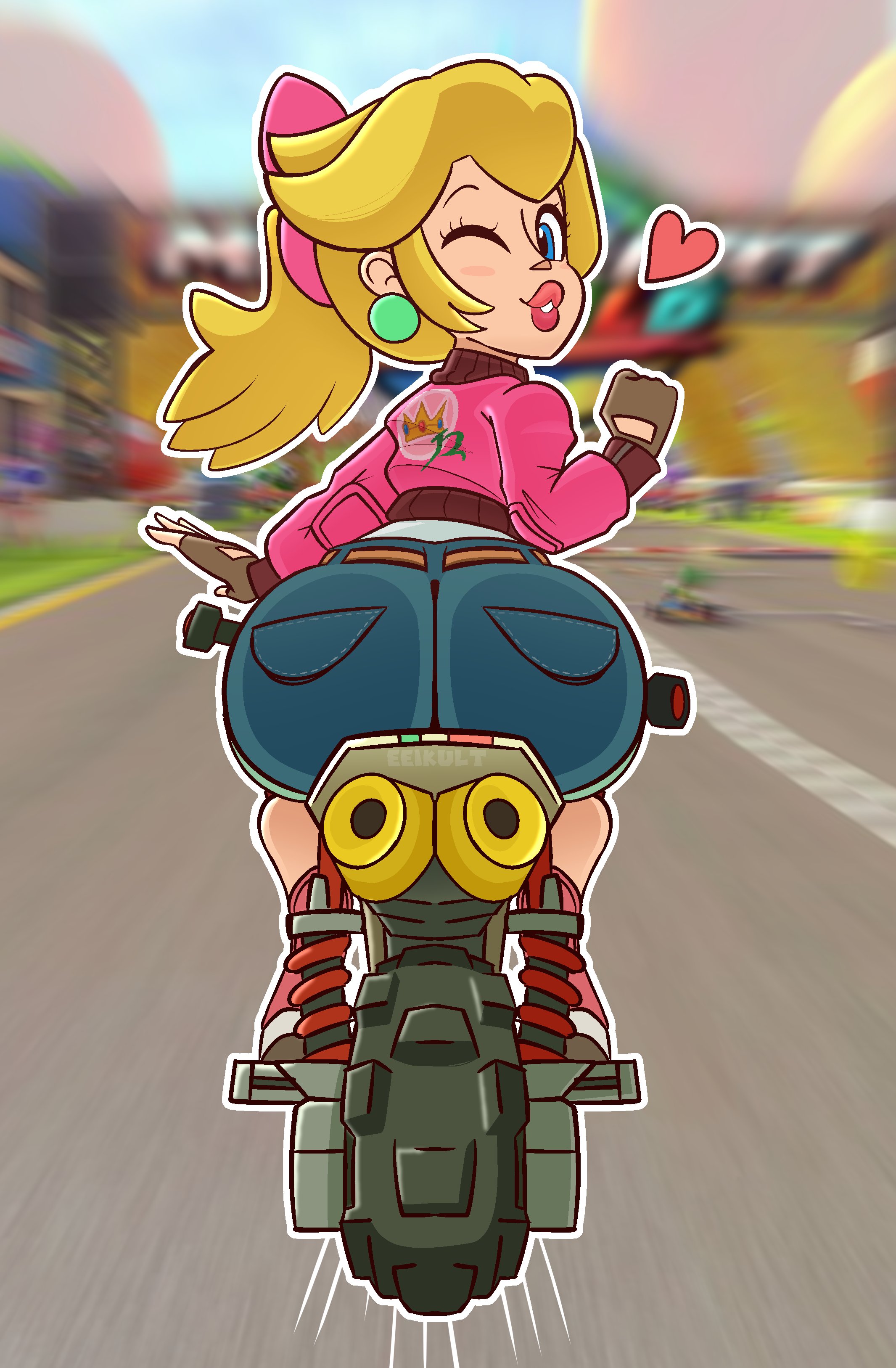 ass, ass focus, big ass, clothed, eeikult, female, female only, huge ass, mario (series), mario kart, mario kart world, motorcycle, nintendo, official alternate costume, princess peach, princess peach (touring), public