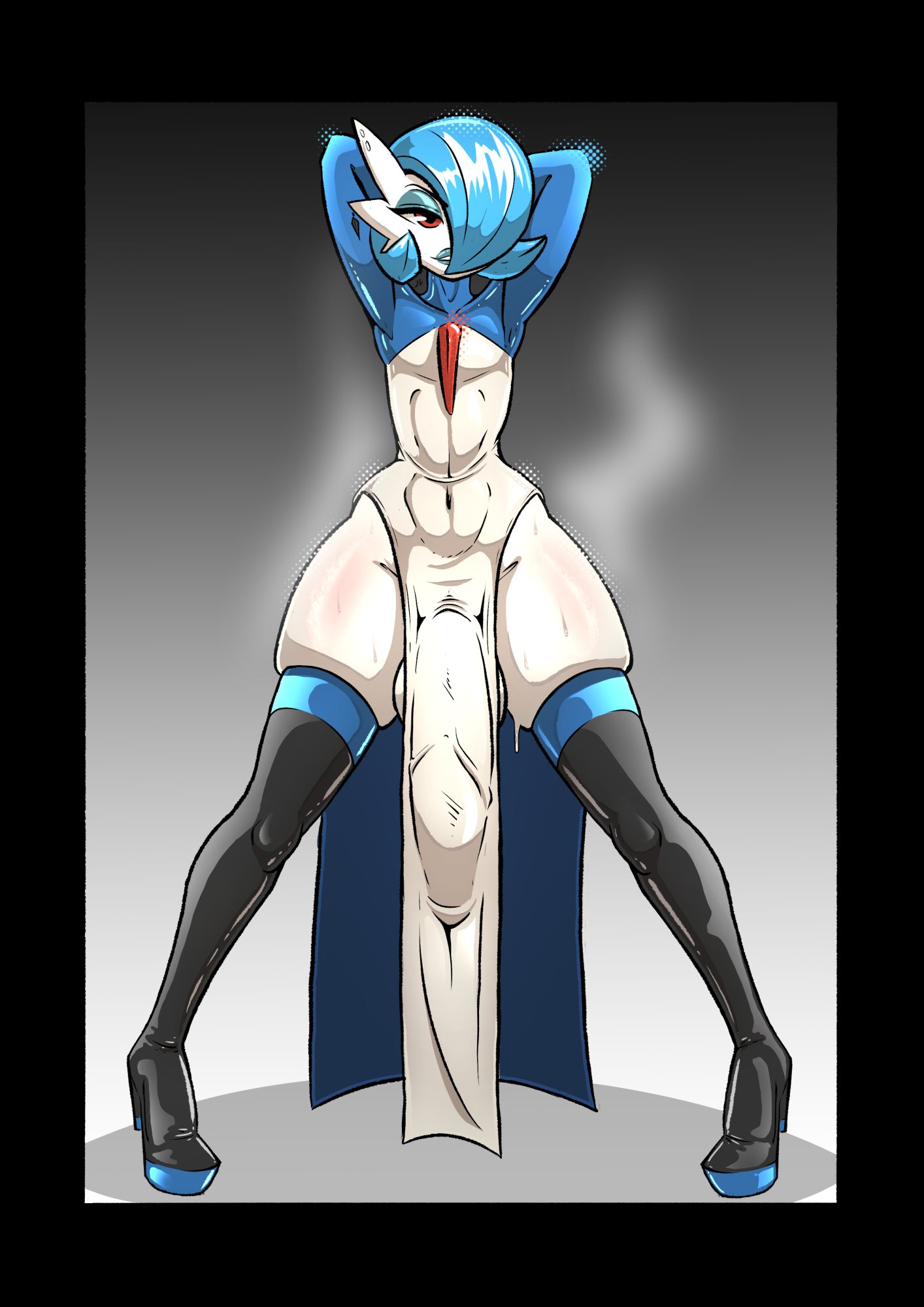1boy, 2025, arms behind head, arms up, balls, big balls, blue hair, blue lipstick, boots, bottomless, bulge, clothed, clothing, dress, eyeshadow, femboy, flaccid, gardevoir, huge cock, humanoid, humanoid penis, hung femboy, hung trap, lipstick, male, male gardevoir, male only, mostly clothed, pelvic curtain, penis, pokemon, pokemon (species), shiny pokemon, skindentation, solo, standing, taharon, thigh boots, thighhighs, wide stance