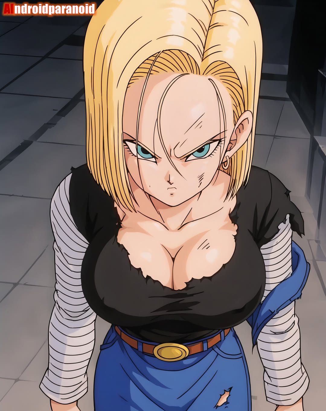 2025, ai generated, aindroidparanoid, android 18, angry, angry at viewer, angry expression, angry face, beaten, beaten up, big breasts, blonde female, blonde-haired female, blue eyes, breasts, dragon ball, dragon ball super, dragon ball z, female, golden earrings, instagram, looking at viewer, meta, ripped clothing