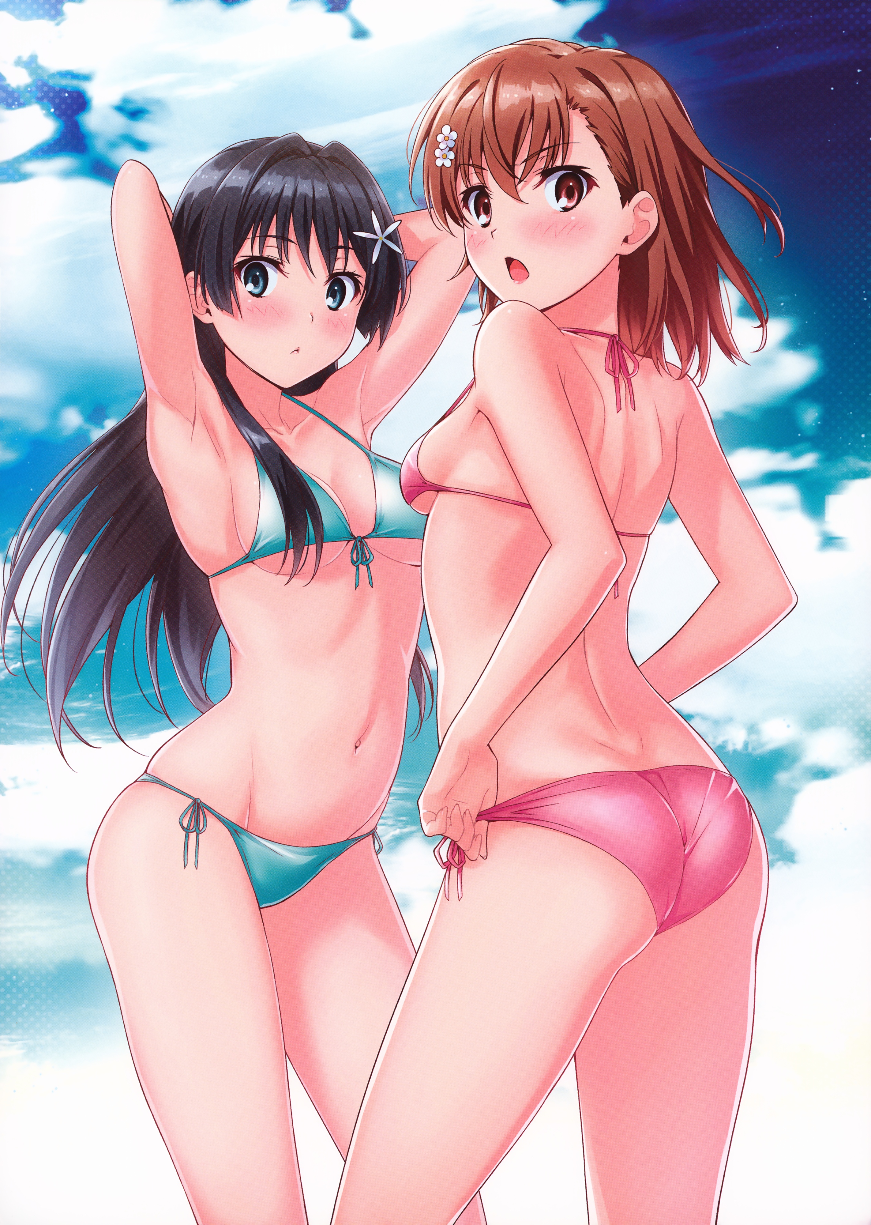 2girls, absurd res, ahoge, armpits, arms up, ass, bare shoulders, bikini, black hair, blue eyes, blush, breasts, brown eyes, brown hair, collarbone, female, flower, from behind, hair flower, hair ornament, hi res, hips, isshi pyuma, long hair, looking at viewer, looking back, medium breasts, misaka mikoto, multiple females, multiple girls, navel, saten ruiko, shiny, shiny hair, shiny skin, short hair, shoulder blades, side-tie bikini, sky, small breasts, standing, swimsuit, teenage female, teenager, to aru kagaku no railgun, to aru majutsu no index, young