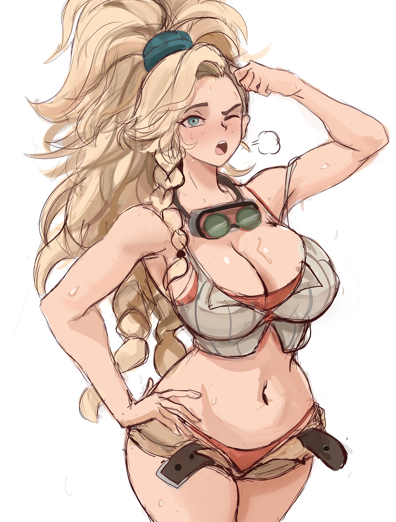 1girls, blonde hair, braid, breasts, cleavage, female, female focus, female only, freckles, gemma (monster hunter wilds), large breasts, light skin, light-skinned female, midriff, monster hunter, monster hunter wilds, one eye closed, rakeemspoon, solo, sweat, thick thighs, thighs, white background, wide hips