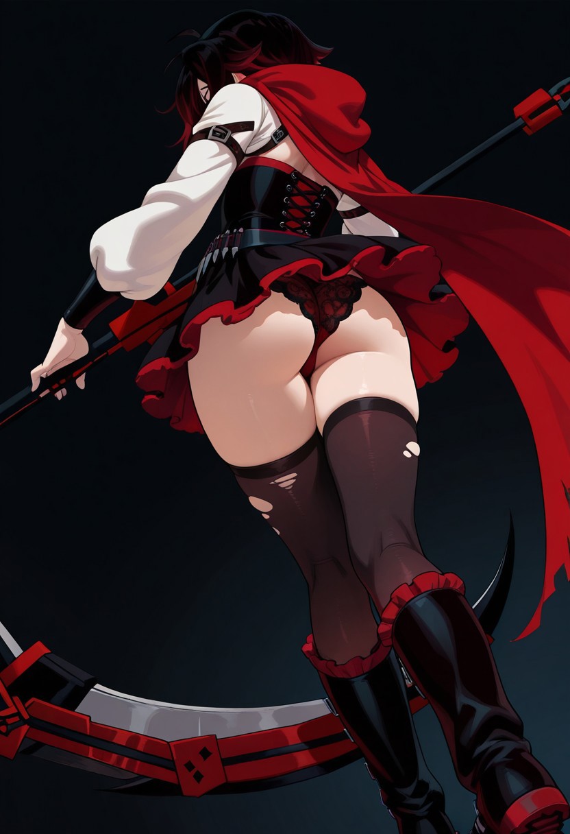 1girls, ai generated, ass, ass focus, black hair, boots, female, female only, knee boots, low-angle view, panties, ruby rose, rwby, simple background, solo, solo female, tagme