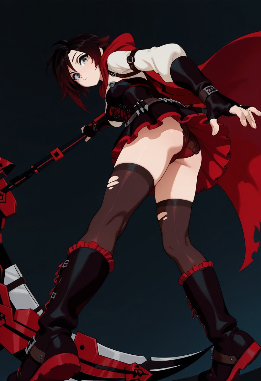 1girls, ai generated, ass, ass focus, black hair, boots, female, female only, knee boots, looking at viewer, looking back, low-angle view, panties, ruby rose, rwby, silver eyes, simple background, solo, solo female, tagme