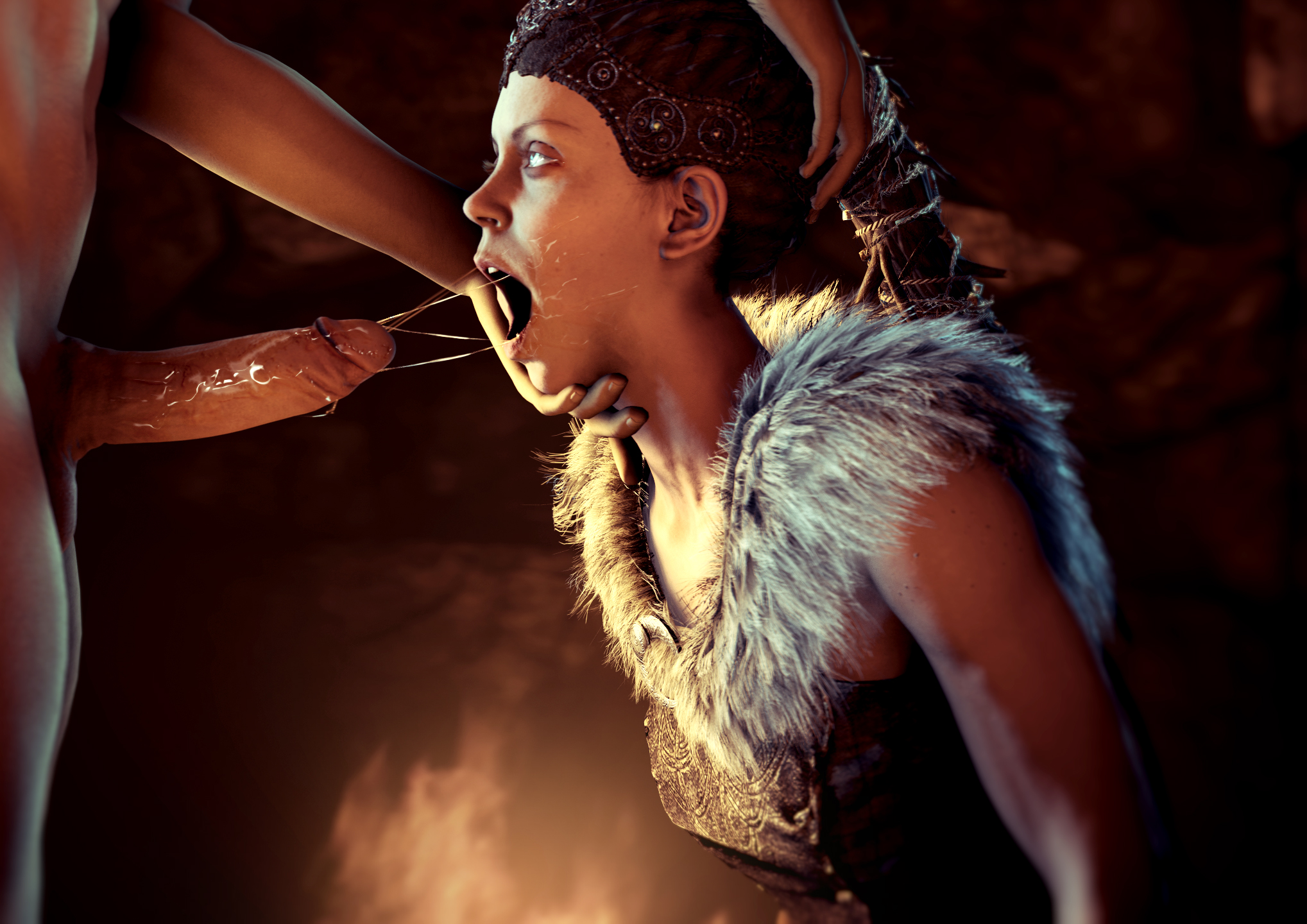 3d, cheopsfm, drooling, face fucking, female, female protagonist, hellblade, holding head, kneeling, oral, oral sex, poster, senua, slobber, source filmmaker, straight