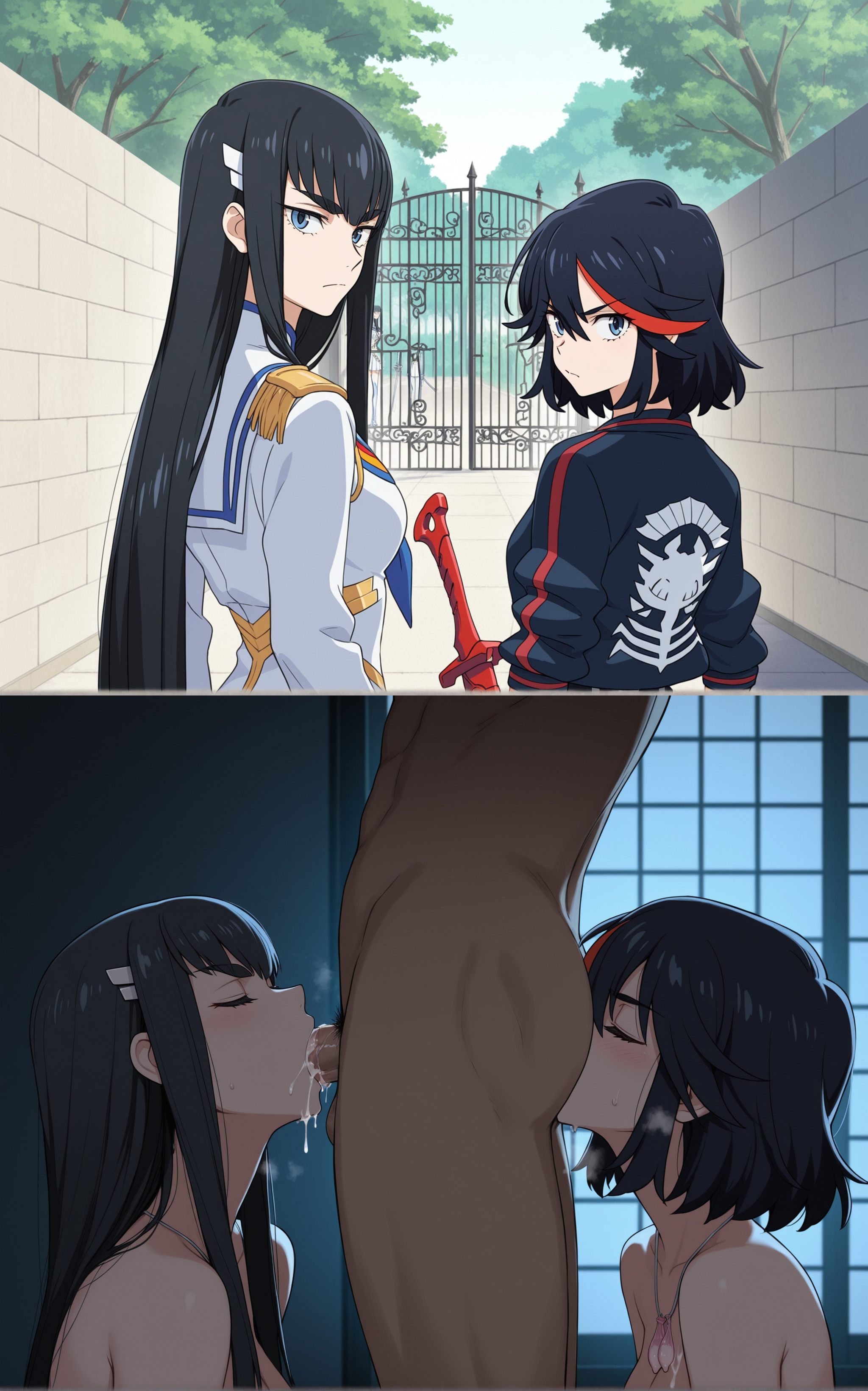 1boy, 1boy2girls, 2girls, 2koma, ai generated, anilingus, bad end, bangs, bare shoulders, black hair, blowjob, blue eyes, blue plate special, broken rape victim, closed eyes, closed mouth, completely naked, completely nude, condom, condom necklace, corruption, cum, day, faceless male, fellatio, female, ffm, ffm threesome, gate, hair between eyes, heavy breathing, indoors, jacket, juxtaposition, kill la kill, kiryuuin satsuki, long hair, looking at viewer, male, matoi ryuuko, mind break, multicolored hair, naked, night, notreallyhere, nude, oral sandwich, outdoors, penis, rape, red streak, rimming, short hair, sidelocks, sisters, standing, sucking penis, sword, threesome, unseen male face, wall