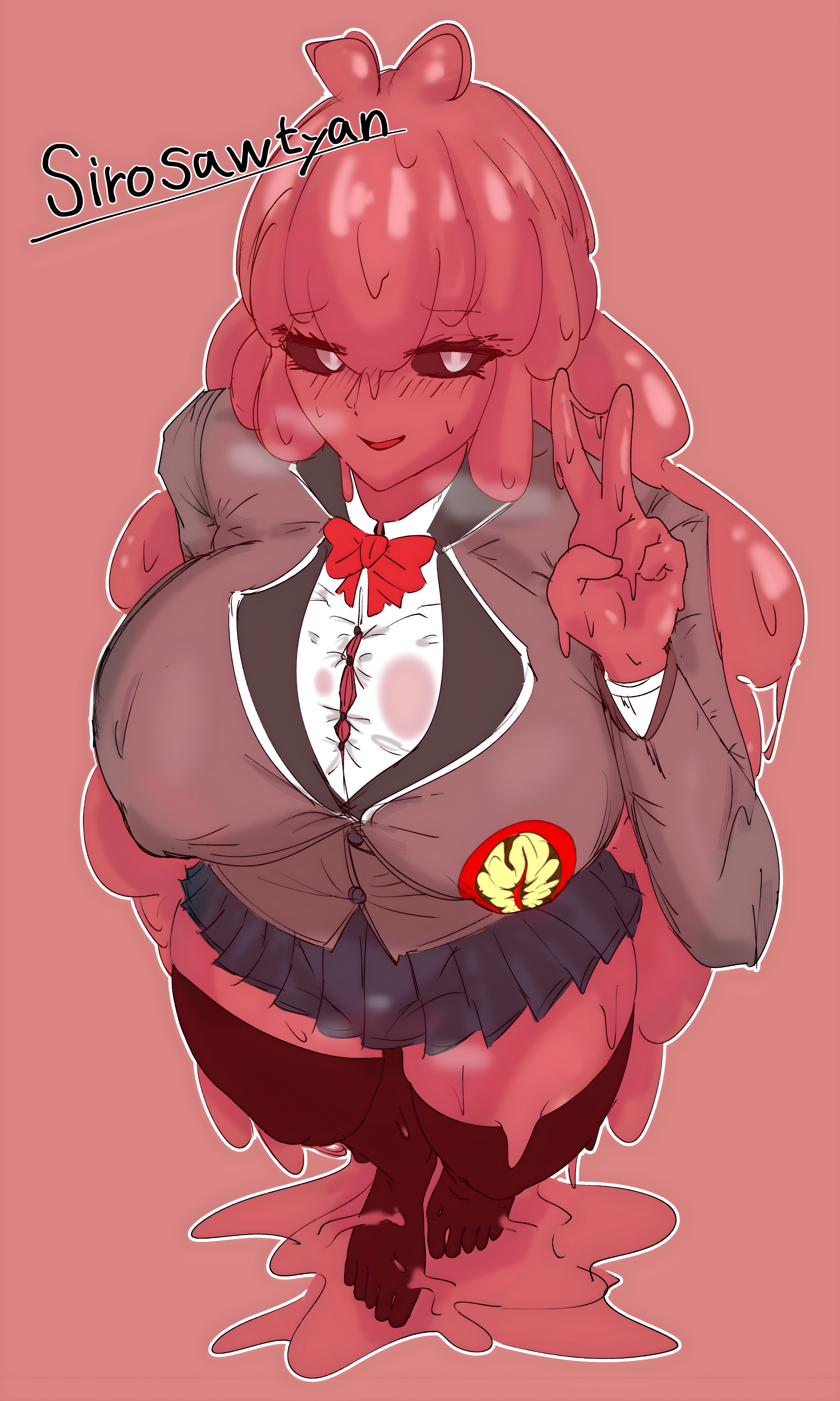 1girls, artist signature, big breasts, breasts, clothed, clothing, female, female focus, female only, lobotomy corporation, melting, melting love, nipples visible through clothing, peace sign, project moon, red body, red hair, school uniform, schoolgirl, sirosawatyan, skirt, slime, slime girl, thicc, thicc thighs, thick, thick legs, thick thighs, thigh highs, thighhighs, thighs