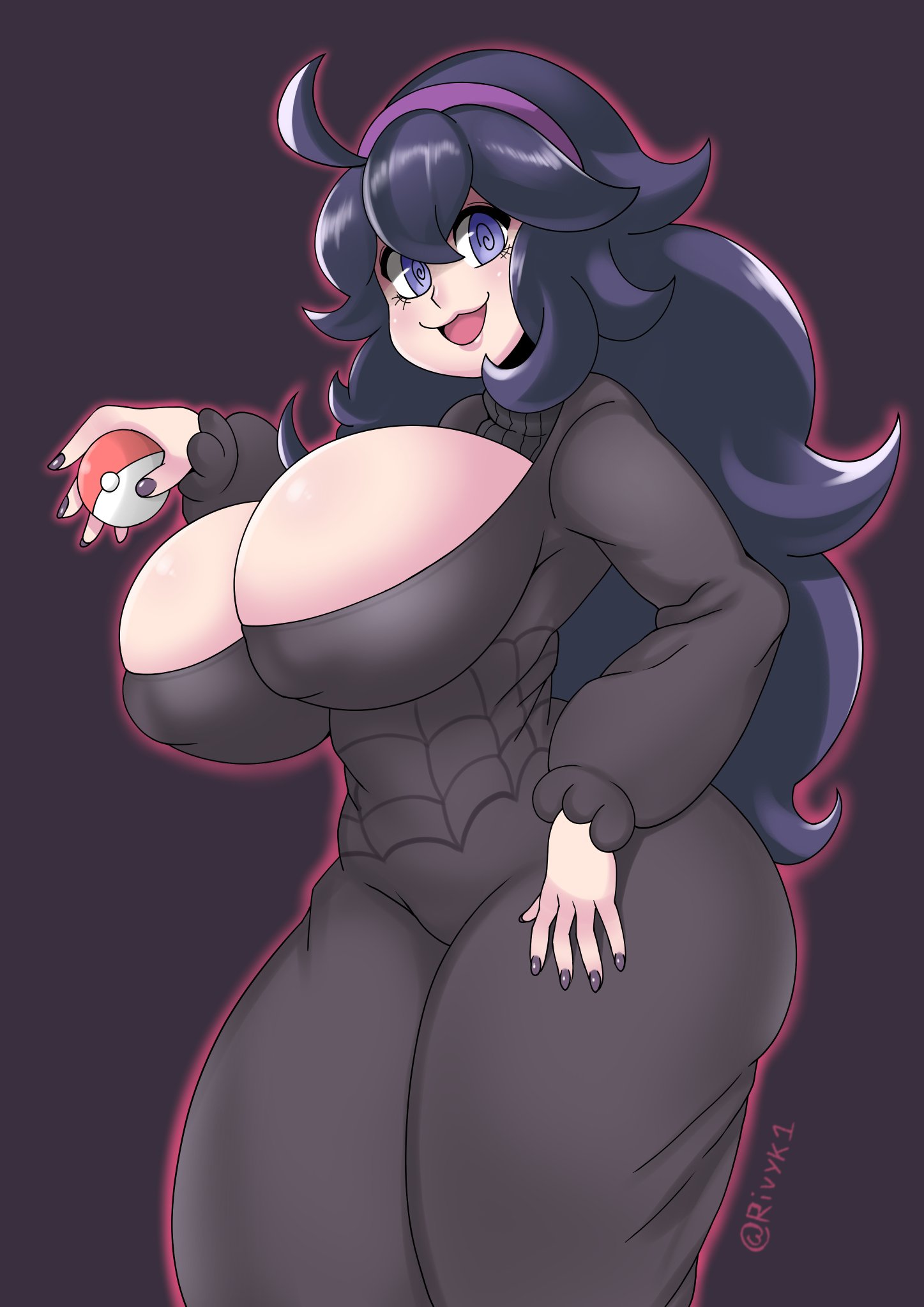 :3, 1girls, ahoge, alternate breast size, ass, breasts, bursting breasts, cleavage, clothed, clothes, dress, eye contact, female, female only, goth, hairband, hex maniac, huge ass, huge breasts, human, long hair, looking at viewer, nintendo, poke ball, pokemon, pokemon xy, pose, purple background, purple eyes, purple hair, purple nails, rivyk, smile, solo, text, thick thighs, tongue, voluptuous, watermark, wide hips