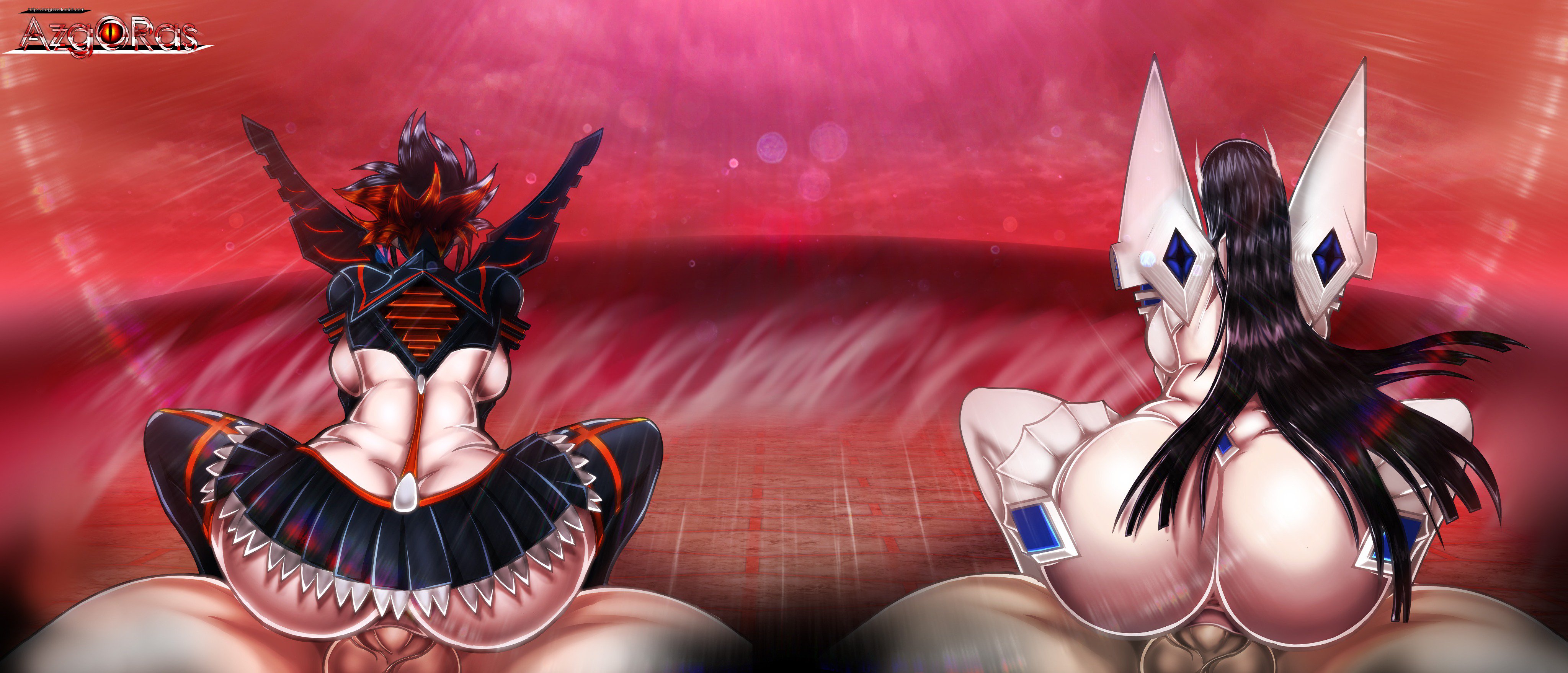 2boys, 2girls, artist name, ass, azgoras, back view, balls, big ass, big penis, black hair, female, junketsu, kill la kill, kiryuuin satsuki, long hair, male, matoi ryuuko, multiple boys, multiple females, multiple girls, multiple males, penetration, penis, pussy, red background, red hair, senketsu, sex, short hair, sisters, sitting, sitting on person, straight, testicles, two-tone hair, vaginal penetration, very long hair