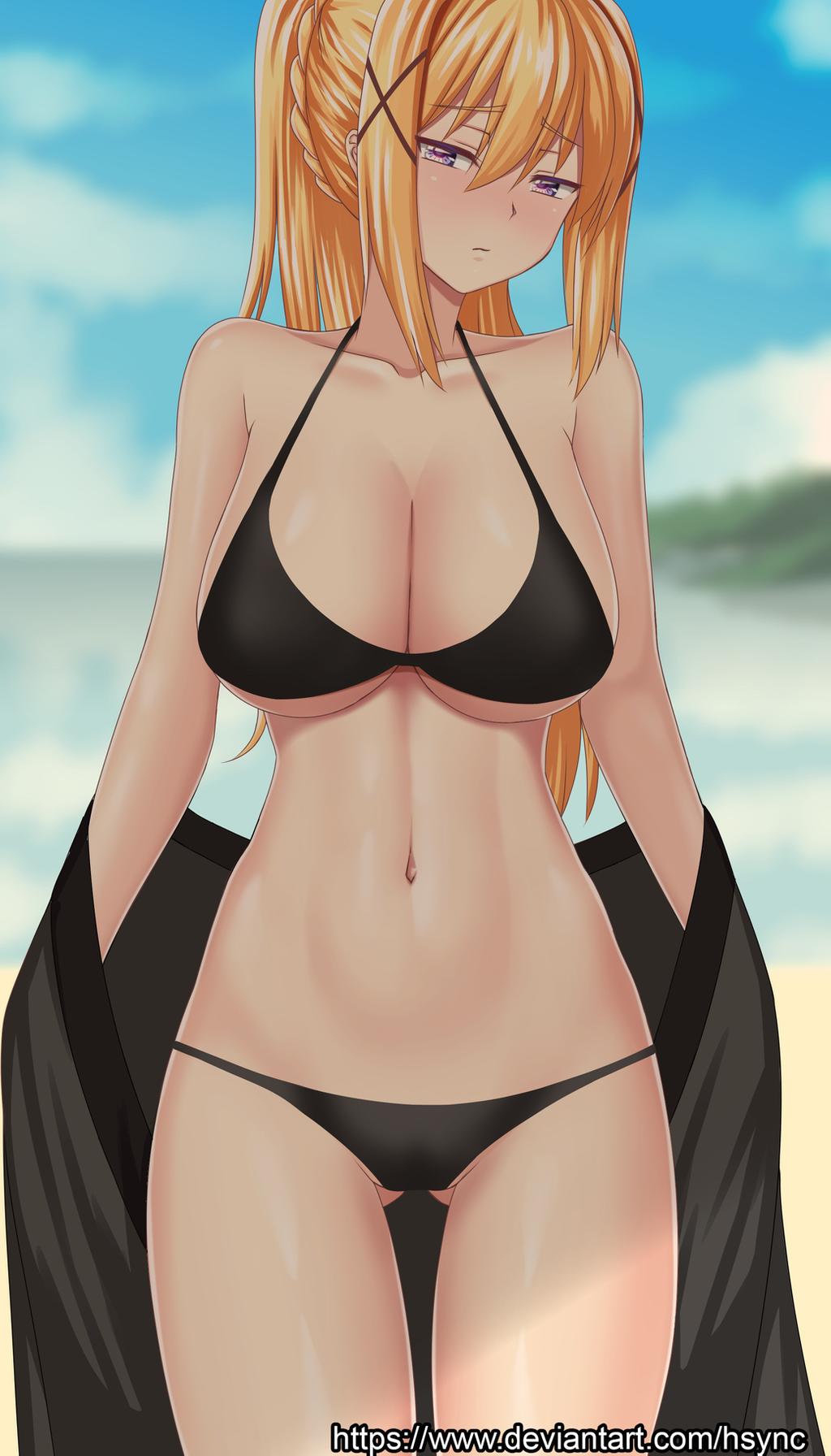 1girls, bikini, black bikini, blonde hair, darkness (konosuba), embarrassed, eyebrows visible through hair, female, female only, hair ornament, hsync, human, kono subarashii sekai ni shukufuku wo!, light skin, light-skinned female, outside, purple eyes, solo, tagme, x hair ornament