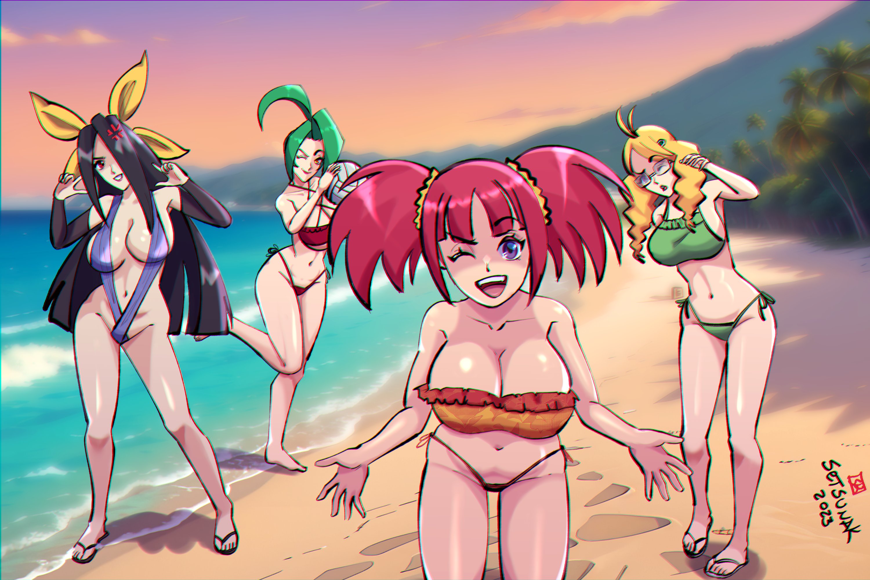 4girls, beach, big boobs, big breasts, big tits, bikini, black hair, black-haired female, blonde hair, blonde-haired female, boobs, breasts, dinosaur king, eyebrows visible through hair, female, female only, glasses, green hair, green-haired female, hair over one eye, hourglass figure, huge boobs, huge breast, huge tits, large boobs, large breasts, large tits, long hair, long-haired female, massive boobs, massive breasts, massive tits, nipples, one eye closed, open mouth, red hair, red-haired female, reese drake, setsunak, sheer (dinosaur king), thick thighs, thighs, tits, twintails, ursula (dinosaur king), zoe drake