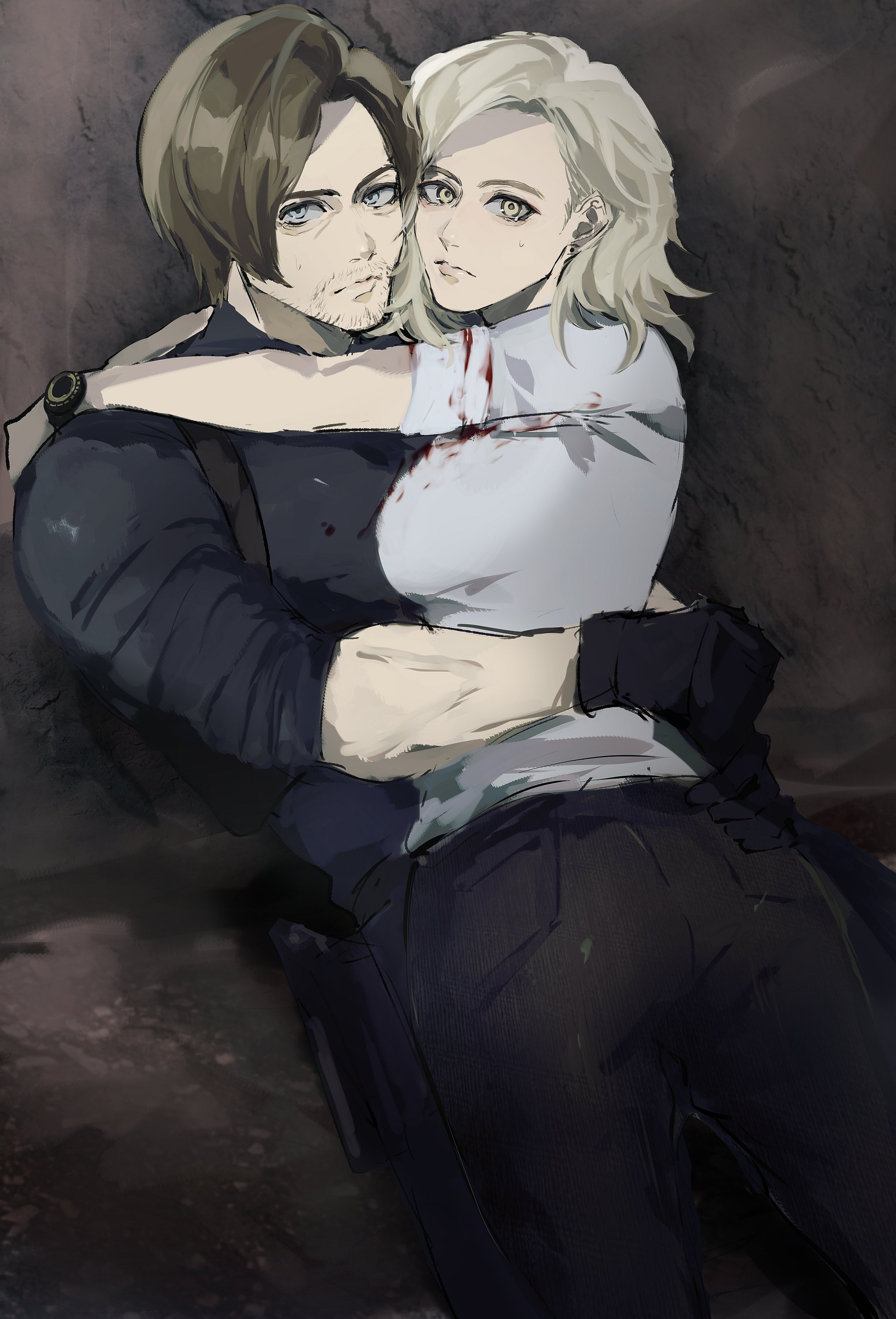 1girl1boy, ass, breast on chest, breasts, female, grace ashcroft, hugging partner, leon scott kennedy, ninyunyan (artist), resident evil, resident evil 9: requiem, short hair, white hair, white shirt