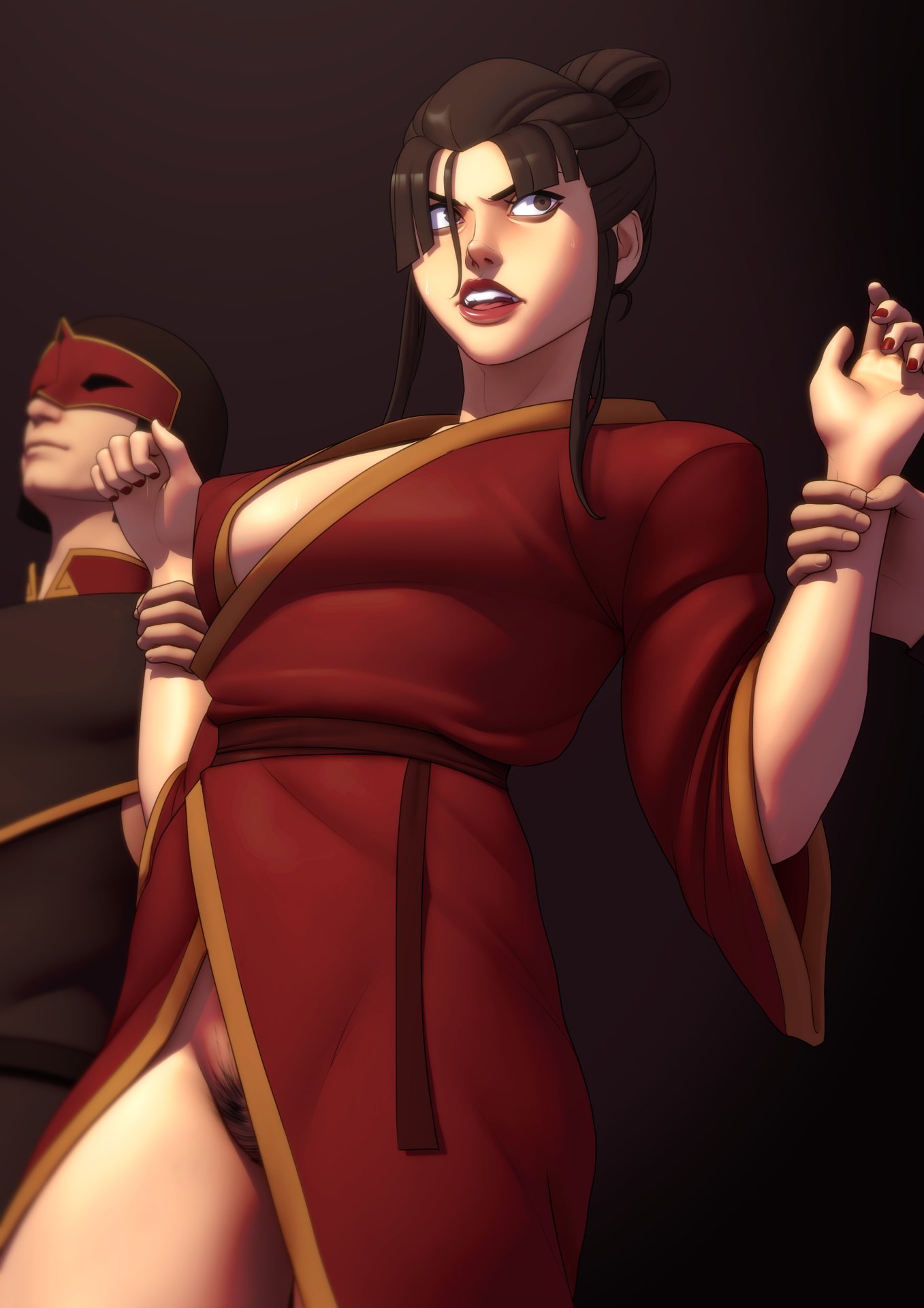 1girls avatar_the_last_airbender azula big_breasts black_hair bondage breasts brown_eyes busty cleavage clothing eyelashes female female_focus female_only femsub hourglass_figure john_doe large_breasts lipstick long_hair medium_breasts nail_polish pubic_hair pubic_hair_peek pussy restrained royalty sleeves_rolled_up solo tied_hair vagina wide_hips yellow_eyes