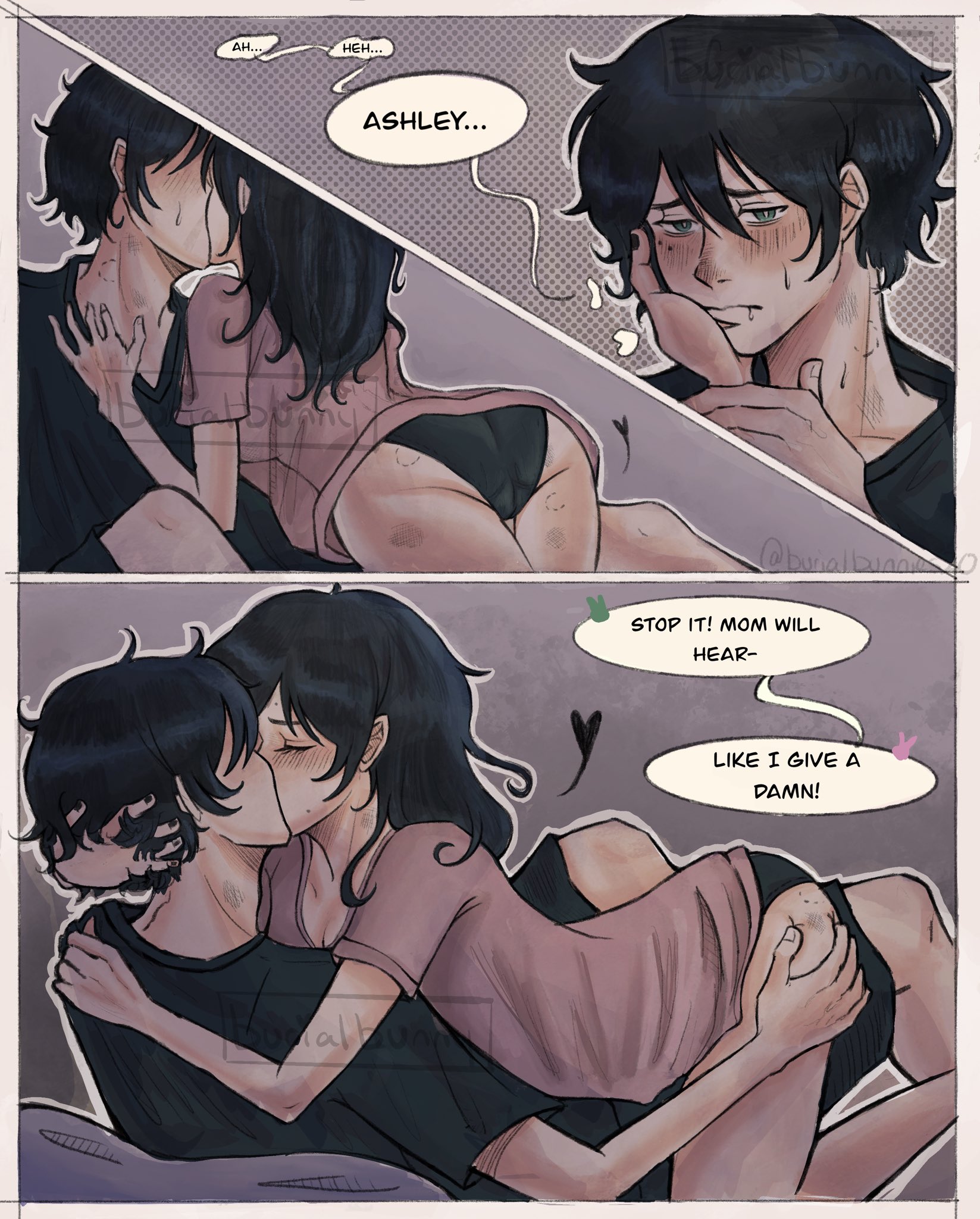 1boy, 1girls, 2d, andrew graves, ashley graves, ass, ass grab, bite mark, bite marks, blush, brother and sister, burialbunny, cameltoe, caressing, caressing face, closed eyes, consensual incest, consensual non consent, consent, couple, dialogue, embrace, english text, female, hickey, hug, hugging, incest, kissing, male, panties, passionate, siblings, straight, teenager, the coffin of andy and leyley