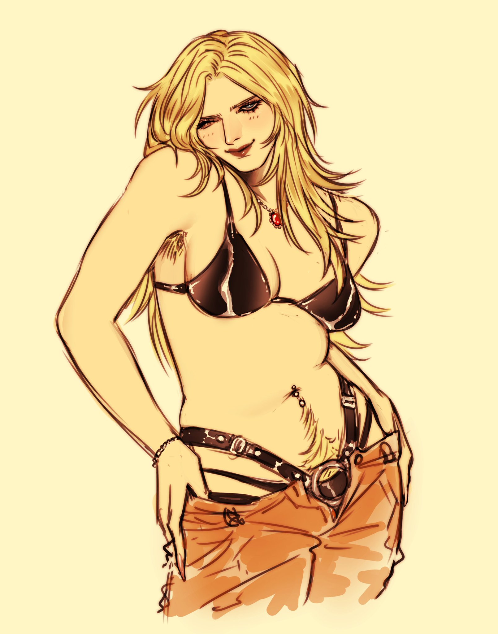 1girls, armpit hair, black bra, black panties, blonde hair, blue eyes, bra, breasts, cleavage, color, eva (metal gear solid), evilwizardval, female, female armpit hair, female pubic hair, half-closed eyes, hand on hip, happy trail, higher resolution duplicate, highres, lipstick, long hair, looking at viewer, metal collar, metal gear solid, metal gear solid 3, mischievous smile, navel piercing, necklace, one eye closed, panties, partially clothed, pubic hair, red lipstick, smile, tan background, wink, winking at viewer