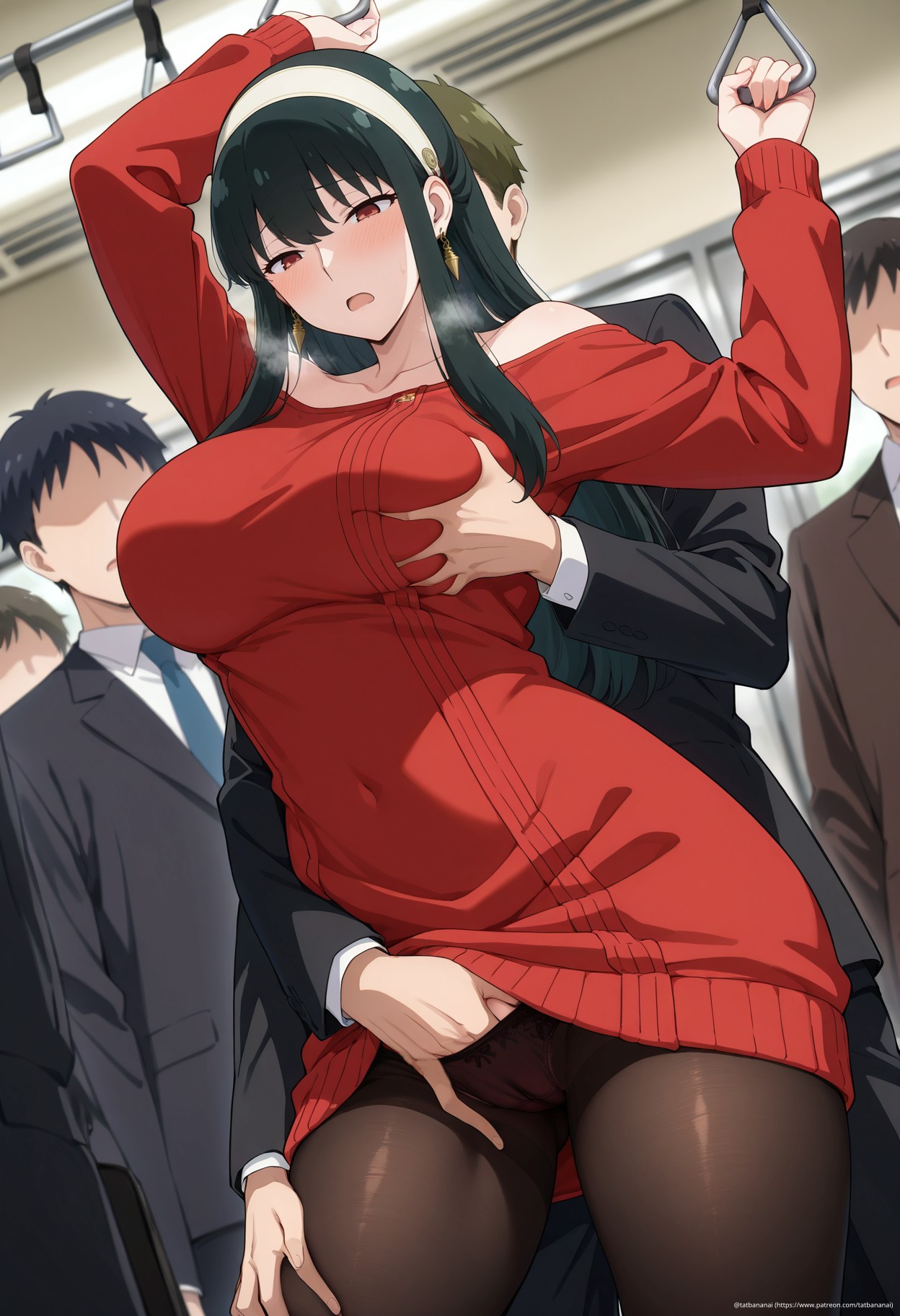 1boy, 1girls, ai generated, arms above head, arms up, belly button visible through clothing, big breasts, black hair, blush, blushing, breast fondling, breast squeeze, breasts, business suit, crowd watching, crowded, curvy body, curvy hips, exposed shoulder, female, fingering, fingering pussy, fully clothed, groping, groping breast, groping from behind, leggings, long black hair, long sleeve sweater, male, mature female, milf, molestation, molesting, mommy, mother, nice tits, public humiliation, public indecency, public train, public transportation, pussy, resisting orgasm, resisting pleasure, rubbing pussy, sexual harassment, spy x family, steaming, steamy breath, tachibana ai, tatbananai, thick thighs, train, train interior, yor briar, yor forger