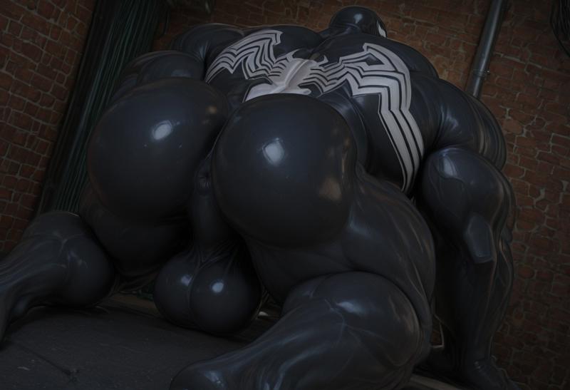 1boy, 3d, 3d (artwork), ai generated, alien, all fours, ass, ass focus, ass up, balls, big ass, black body, duduzoro, focus on ass, gay, huge ass, large ass, male, male only, marvel, marvel comics, muscular, muscular male, on all fours, solo, solo focus, solo male, spider-man (series), venom, venom (marvel), yaoi