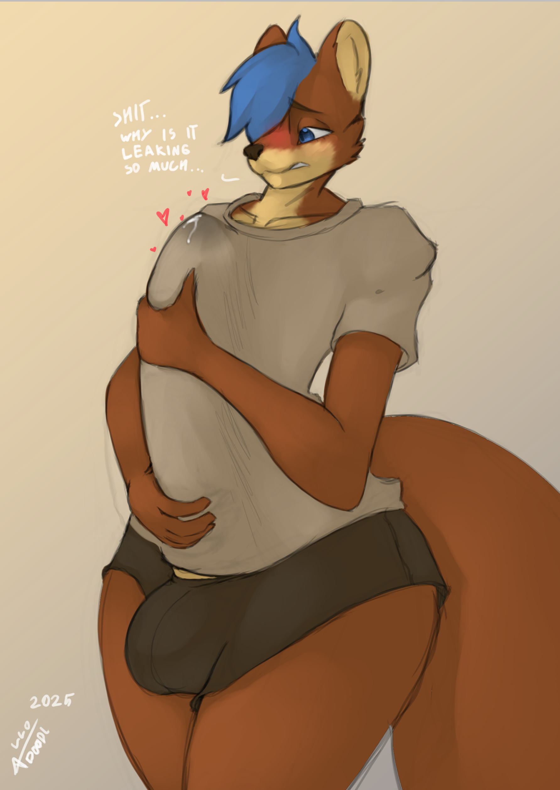 2025, absurd res, allodoodl, anthro, big bulge, big penis, blush, bodily fluids, bottomwear, bulge, clothing, cum, cum in clothing, cum on shirt, cum through clothing, dialogue, erection under shirt, genital fluids, genitals, hi res, holding penis, huge cock, hyper, hyper genitalia, hyper penis, leaking precum, looking at genitalia, looking at own penis, looking at penis, looking at self, male, mammal, marwin (nsfowork), mustelid, otter, penis, penis under clothes, penis under shirt, precum, shirt, shorts, signature, simple background, slim, slim male, small but hung, solo, t-shirt, topwear, wardrobe malfunction, wet, wet clothing