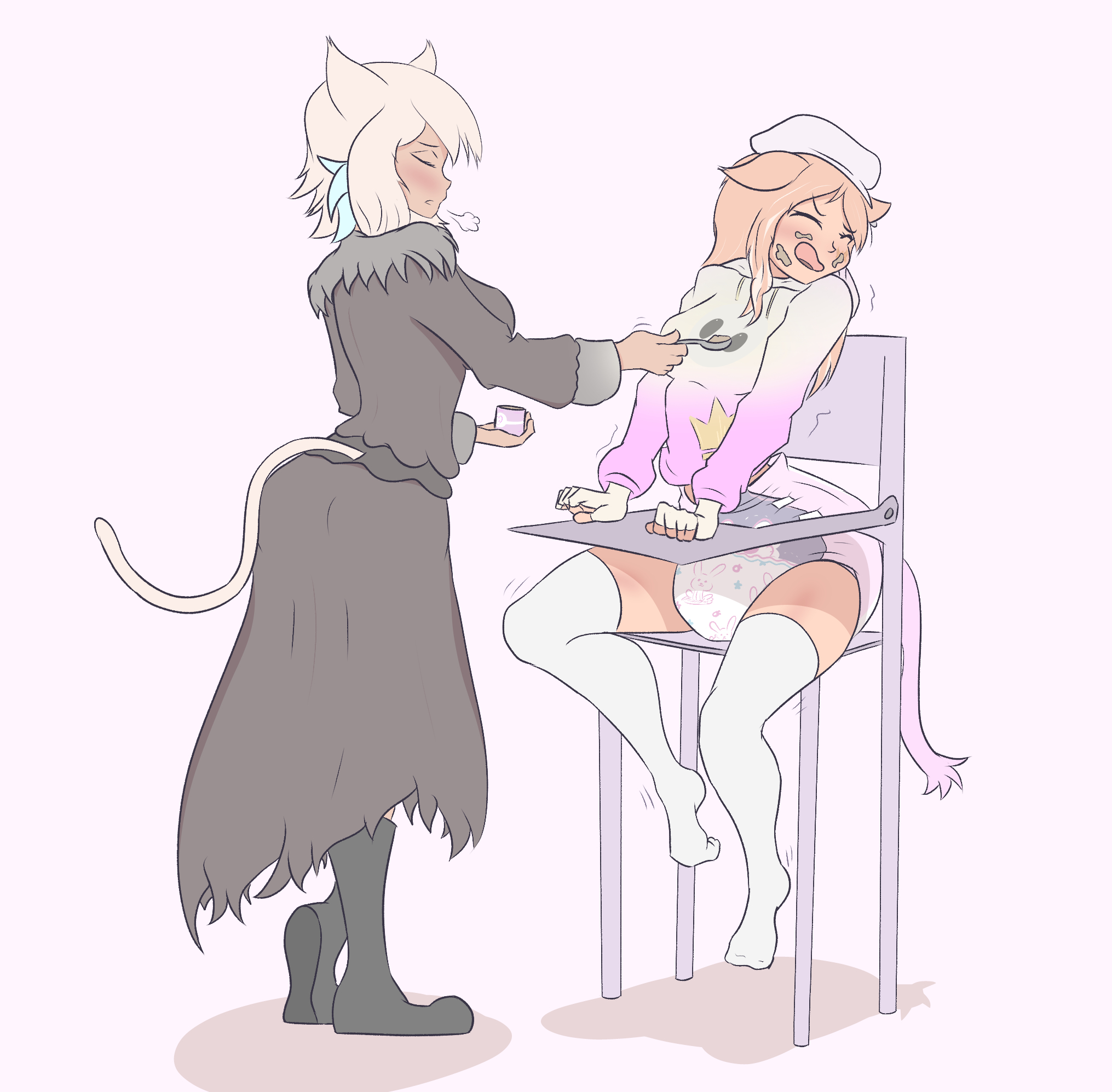 2girls, abdl, abu bunnyhopps, adult baby, cat ears, cat girl, cat tail, catgirl, classyshrimp, diaper, diaper fetish, feeding, female, final fantasy, final fantasy xiv, high chair, highchair, oc, y'shtola