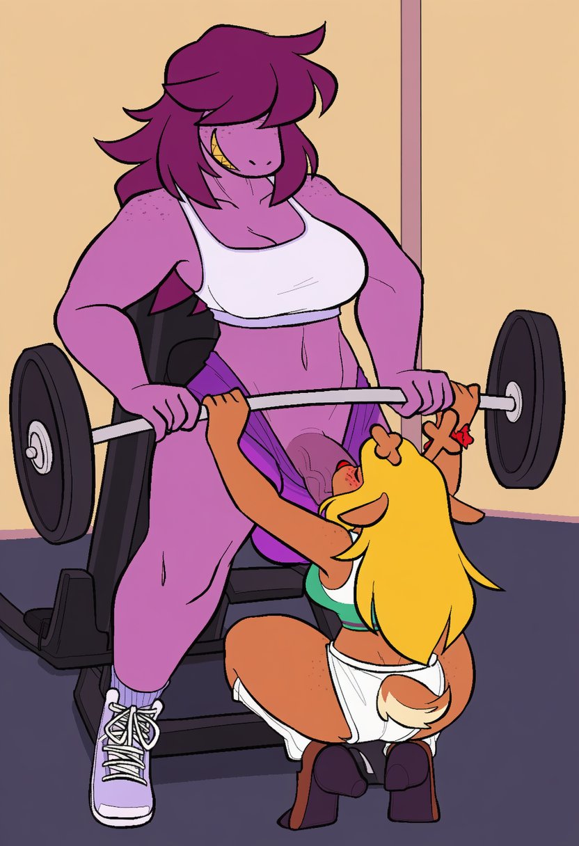 ai generated, blowjob, deltarune, futanari, gym, horsecock, noelle holiday, susie (deltarune), voidedmelon, working out