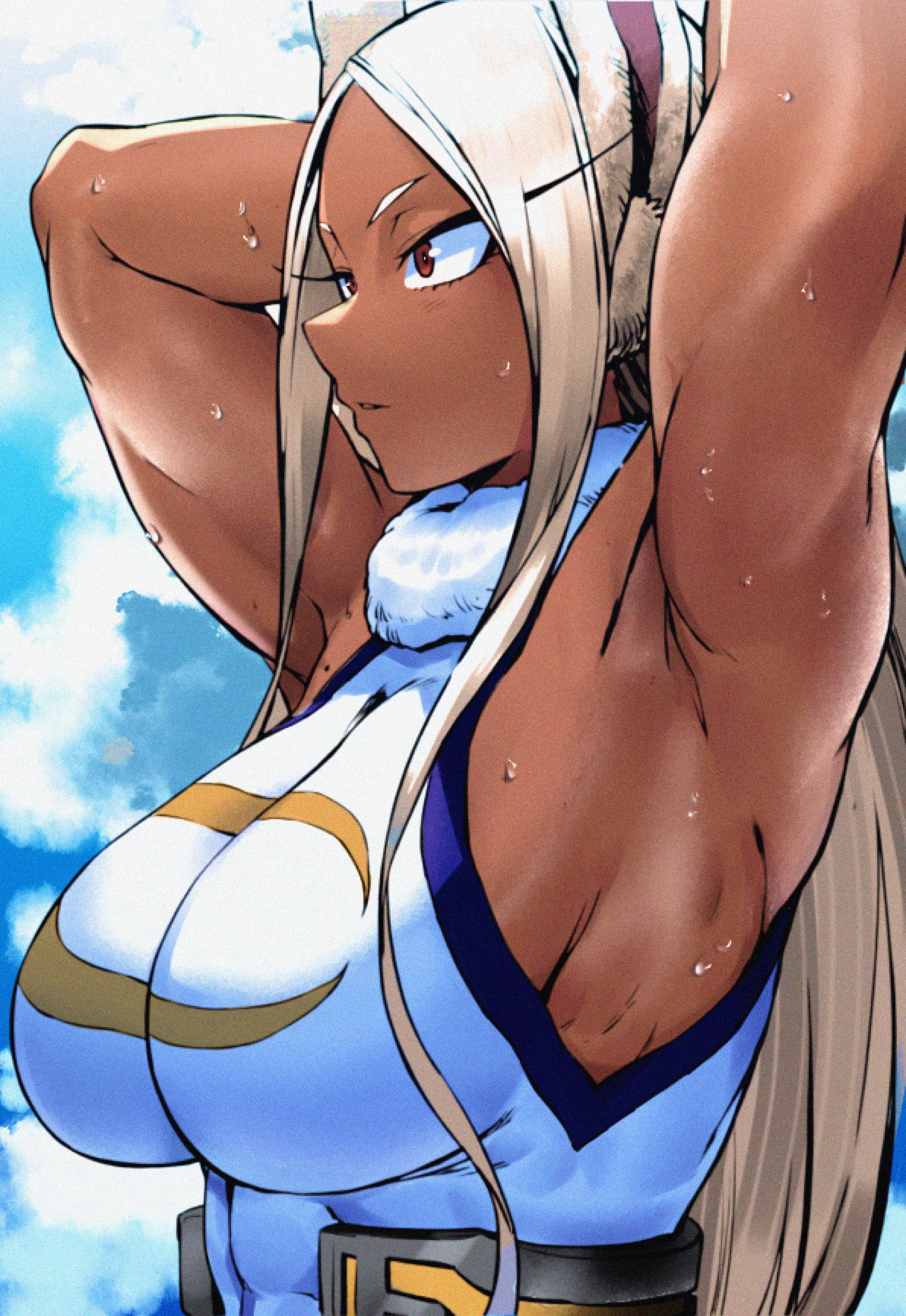 1girls, accurate art style, armpits, arms behind head, arms up, big breasts, breasts, bunny ears, clauschristmas2, dark skin, dark-skinned female, female, mirko, miruko, muscular, muscular female, my hero academia, parallaxfused, rumi usagiyama, sideboob, sweat, sweaty, white hair, white-haired female