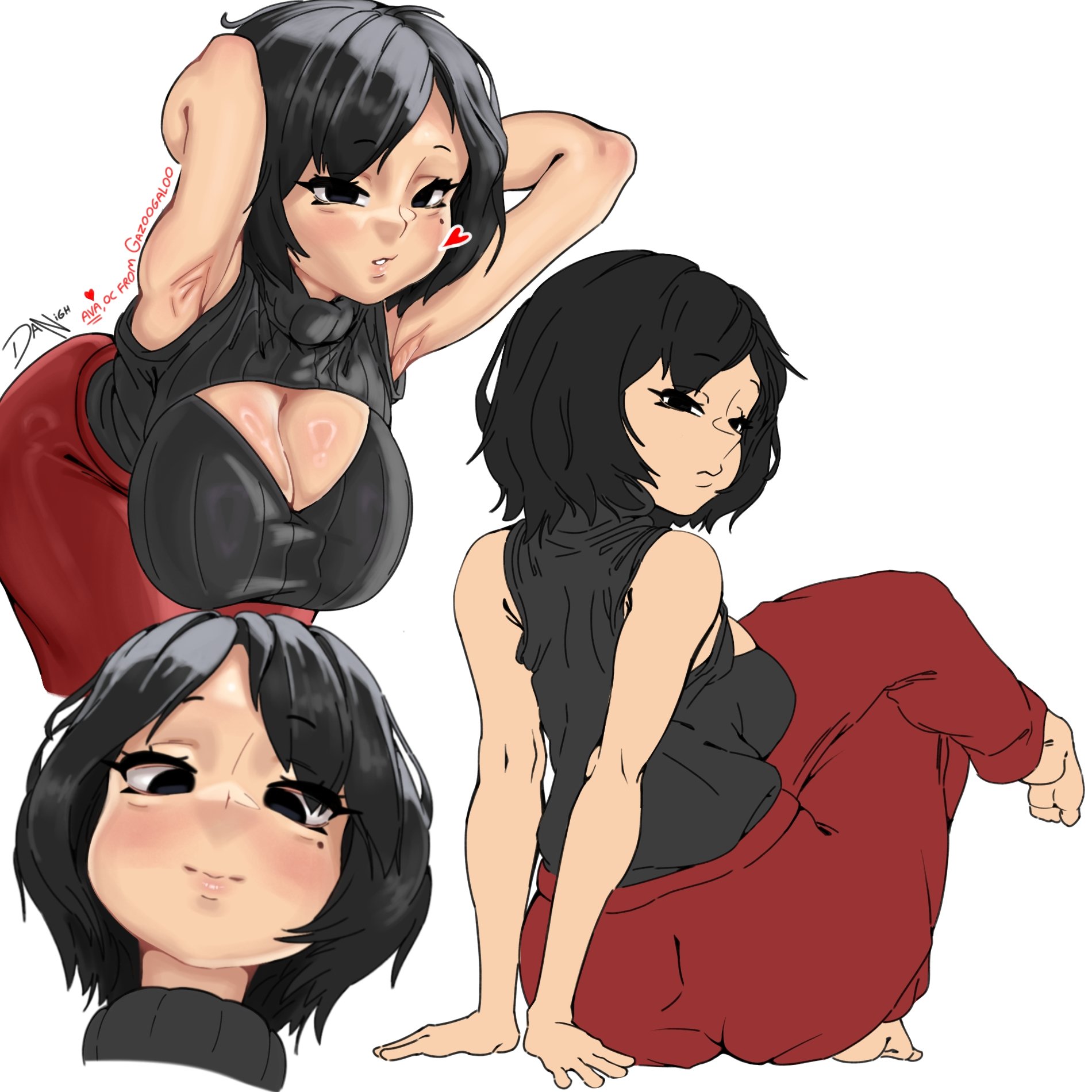1girls, ava (gazoogaloo), black eyes, black hair, black sweater, black turtleneck, black turtleneck sweater, blush, breasts, burgundy pants, cleavage, cleavage cutout, danigh, feet, female, large breasts, looking at viewer, mii, mole, mole on breast, mole under eye, nintendo, oc, pants, short hair, simple background, solo, solo female, solo focus, sweat, sweater, turtleneck, white background