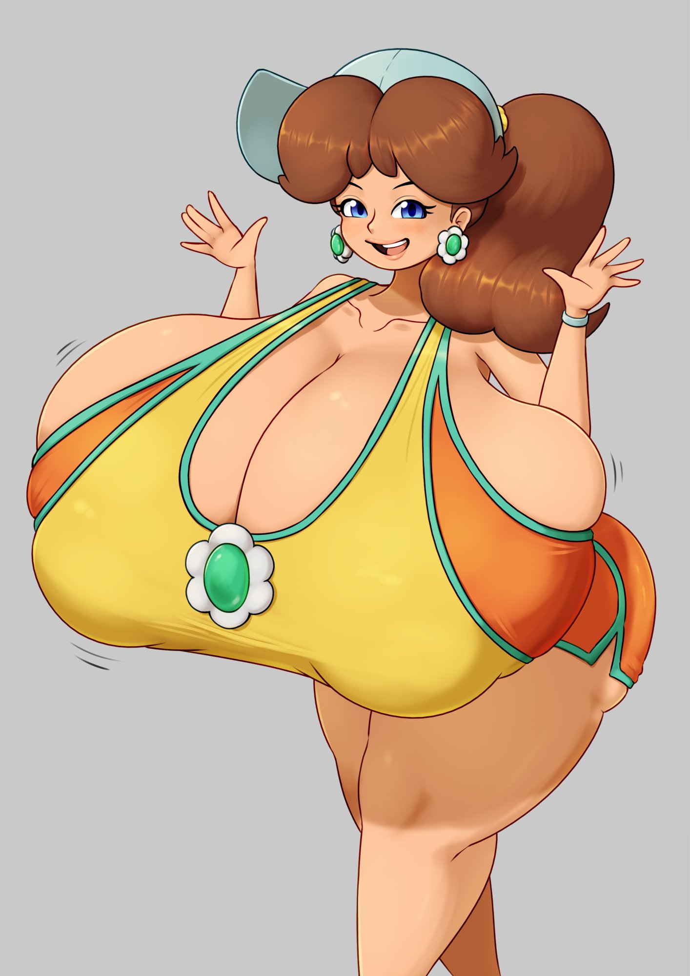 1girls, ass, breasts, breasts bigger than head, breasts bigger than torso, brown hair, bursting breasts, clothing, enormous breasts, female, female only, gigantic breasts, hat, huge ass, huge breasts, hyper, hyper breasts, long hair, looking at viewer, mario (series), mario kart, mario kart world, massive breasts, nintendo, official alternate costume, open mouth, princess, princess daisy, princess daisy (swimwear), puffy nipples, red eclipse, royalty, solo, tight clothing