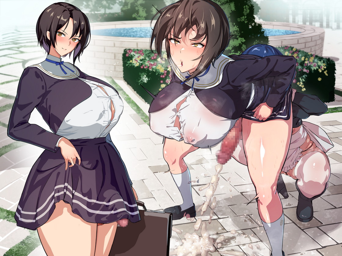 1futa, 1girls, ahe gao, bent over, breasts, censored, cum, ejaculation, erection, female, futa on female, futanari, huge breasts, implied oral, implied rimming, intersex, large penis, legs apart, maid, mosaic censoring, nipples visible through clothing, orgasm, outdoors, penis, rimming, school uniform, seitoedaha, shoes, short hair, socks, standing
