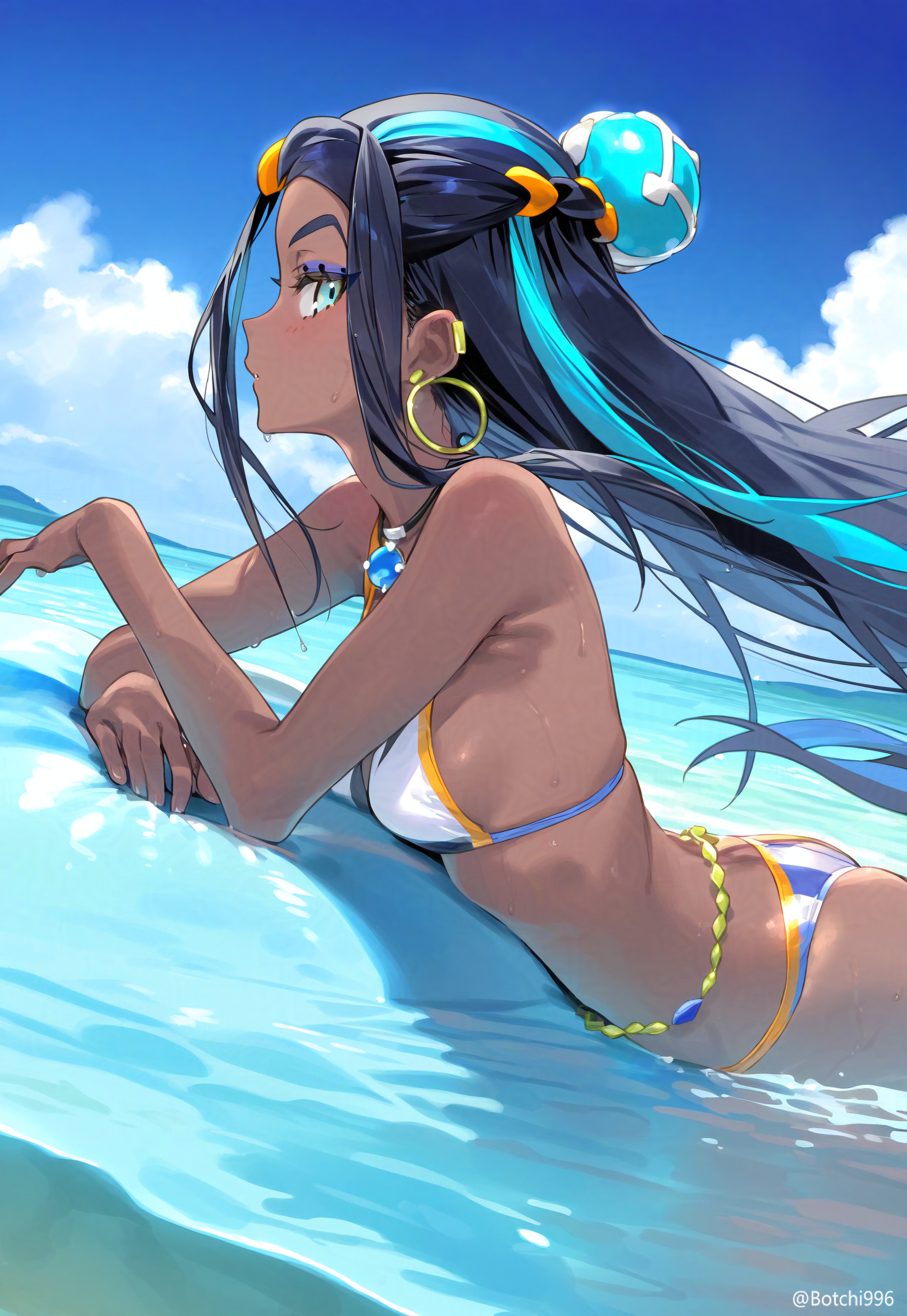 1girls, ai generated, blue hair, botchi996, breasts, dark skin, dark-skinned female, female, female only, hoop earrings, long hair, looking at viewer, midriff, nessa (pokemon), nintendo, ocean, pokemon, pokemon trainer, seductive, seductive look, sensual, side eye, side look, stable diffusion, water