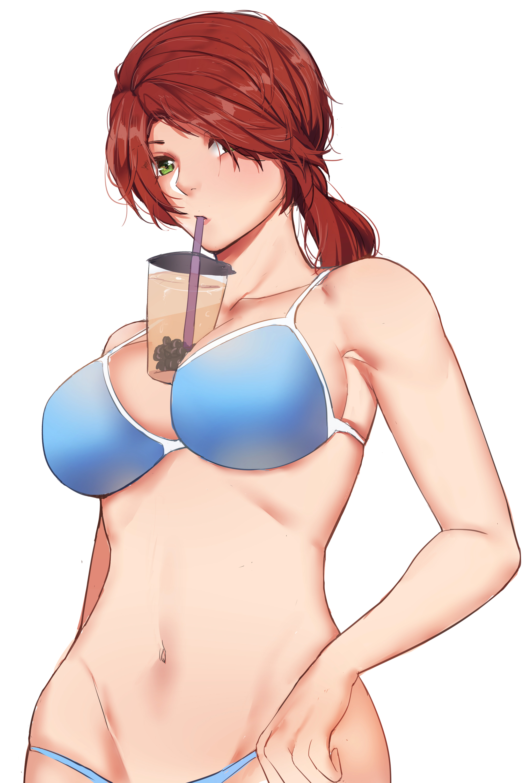 1girls, ardi rayhan, between breasts, bikini, blue bikini, breasts, carolina, clothed, drink, drinking, female, female only, green eyes, hair over one eye, highres, human, large breasts, looking at viewer, meme, midriff, navel, object between breasts, ponytail, red hair, red vs blue, simple background, solo, tagme, white background