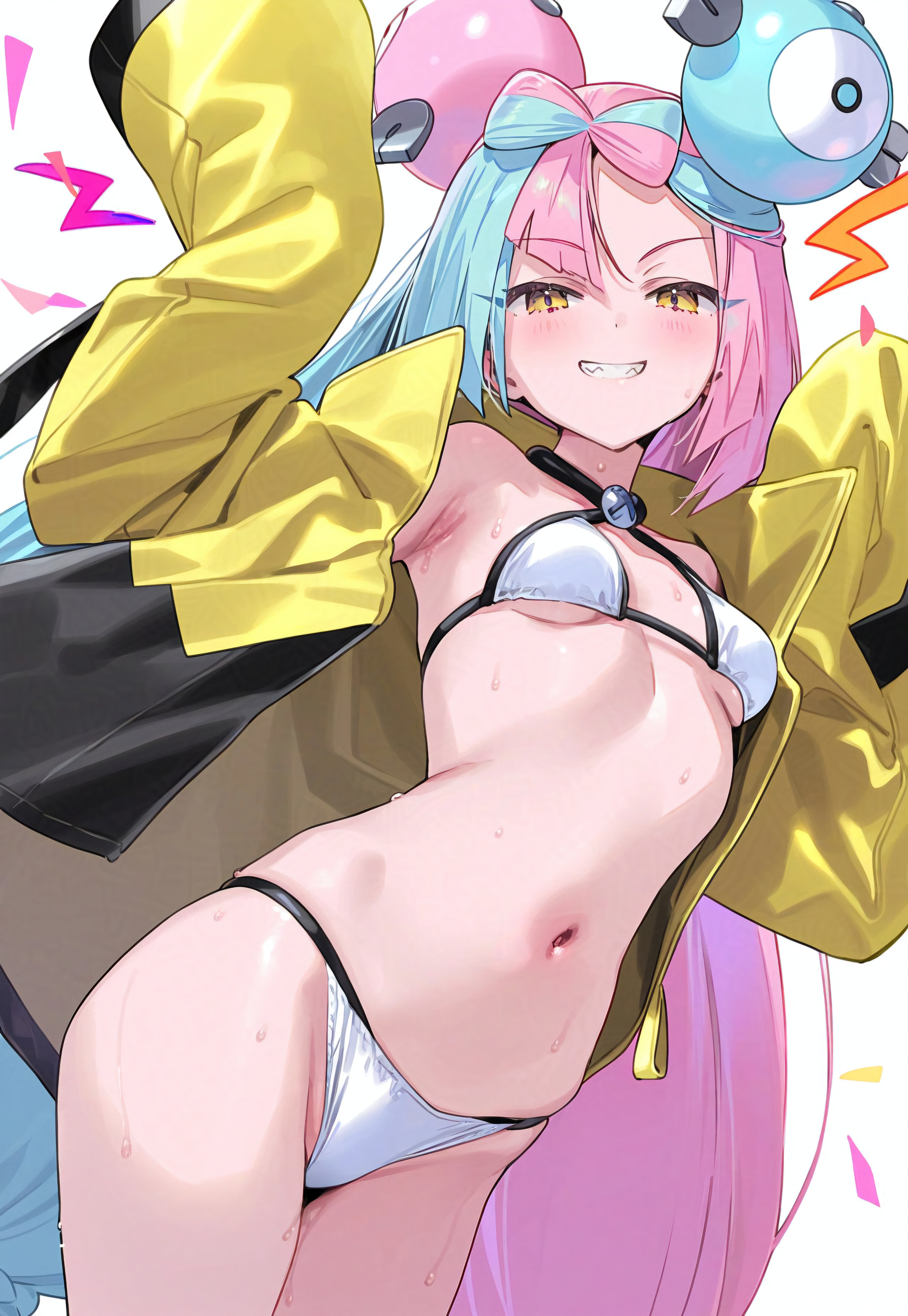 ai generated, bare shoulders, bikini, blue hair, botchi996, breasts, collarbone, creatures (company), female, game freak, gym leader, hair, hair accessory, hyper hair, iono (pokemon), long hair, long sleeves, nintendo, pink hair, pokegirl, pokemon, pokemon (franchise), pokemon (trainer), pokemon sv, pokemon trainer, sharp teeth, swimsuit, tagme, two-tone hair, video game character, video games, white bikini, yellow eyes, yellow jacket (clothing), yellow sleeves