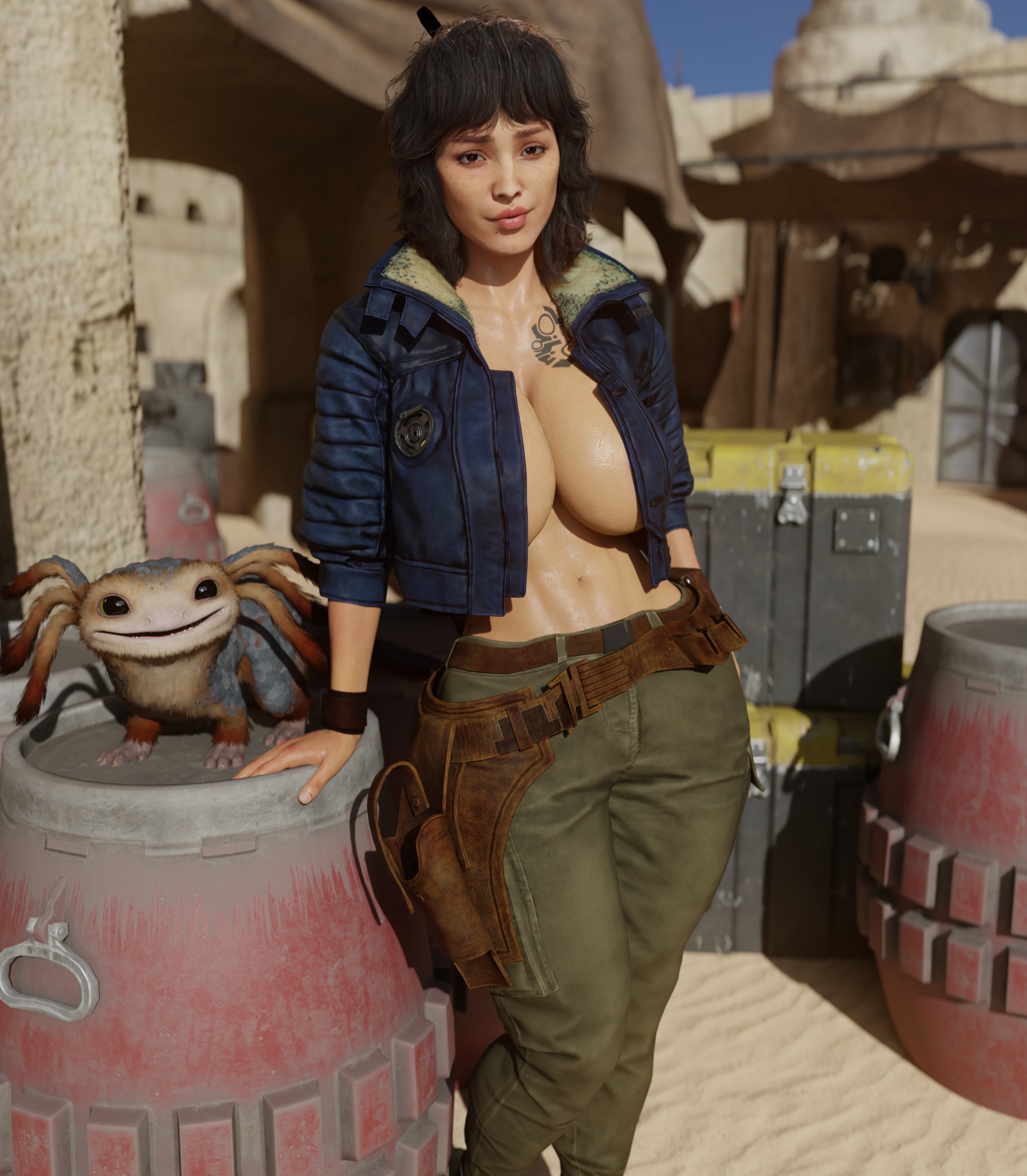 1girls, 3d, breasts, female, female only, humberly gonzalez, kay vess, kookrak, large breasts, nix (star wars), solo, solo female, star wars, star wars outlaws, tagme