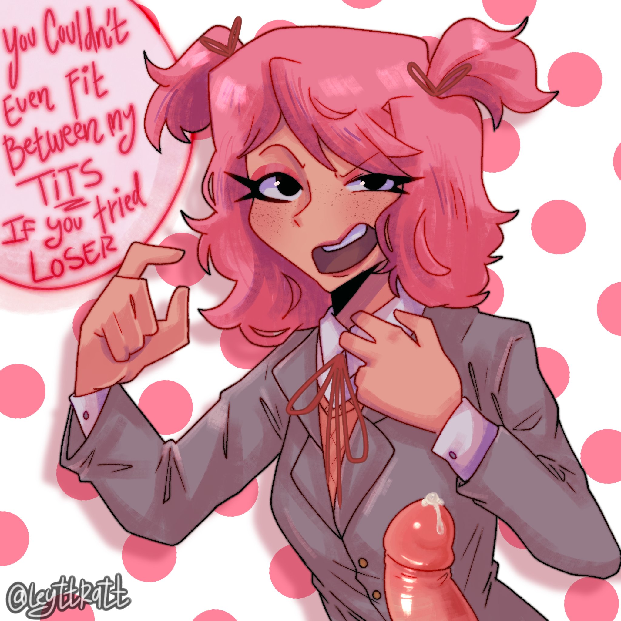 1boy, 1girls, cum, doki doki literature club, female, leyttkatt, male, natsuki (doki doki literature club), penis, pinch, pinching gesture, premature ejaculation, size shaming, small penis, small penis humiliation