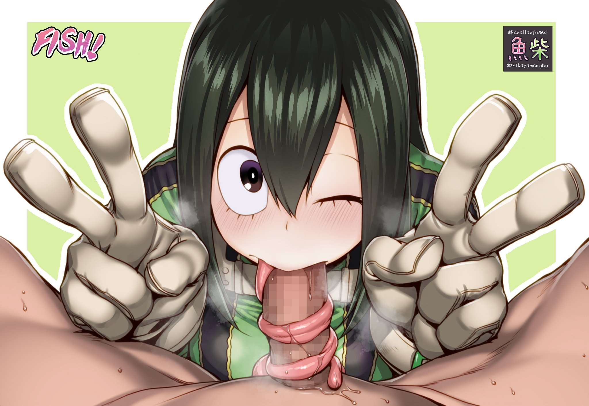 1boy, 1girls, blowjob, clothed female nude male, double v, female, froppy, gloves, green hair, green-haired female, long tongue, looking at viewer, male, my hero academia, nude male clothed female, one eye closed, parallaxfused, peace sign, penis, shibayamamohu, tongue, tongue out, tongue out blowjob, tongue out fellatio, tongue wrap, tongue wrapped around penis, tounge on cock, tsuyu asui, wink