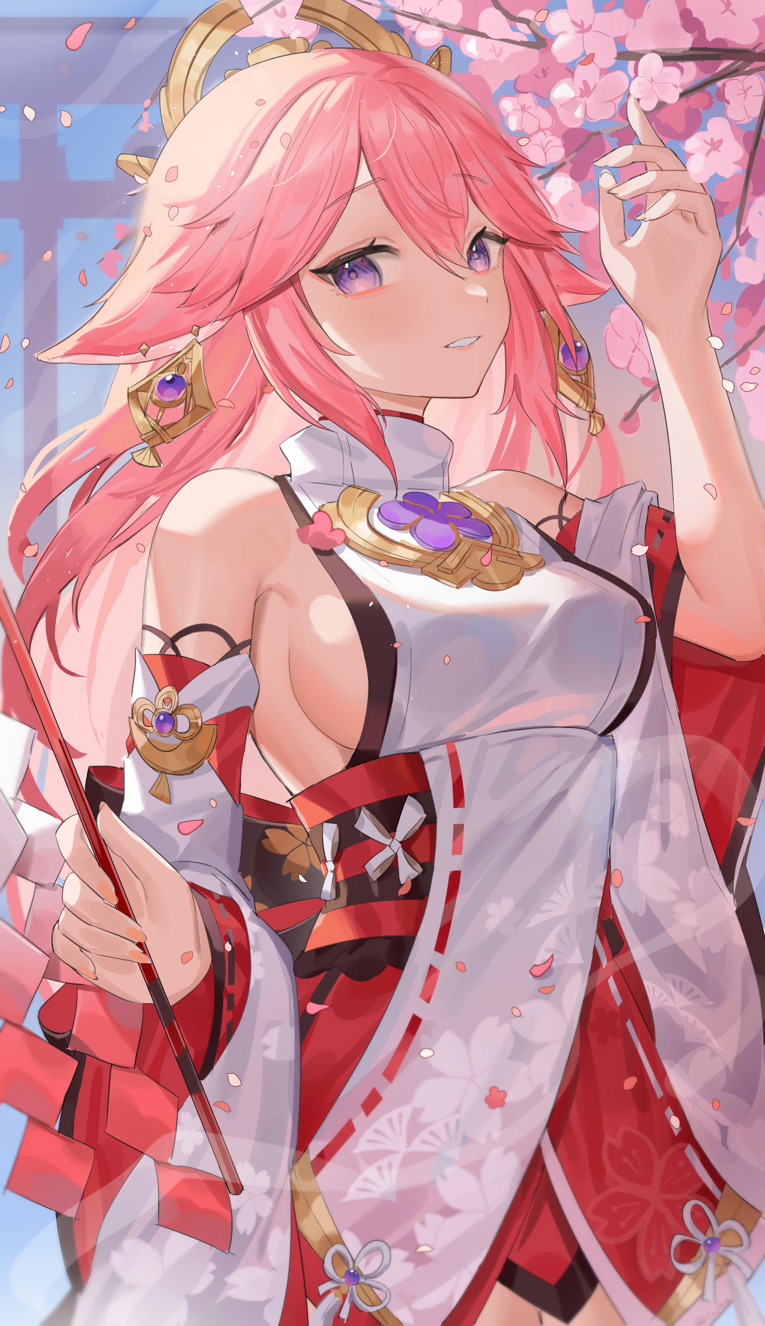 1girls, artist request, breasts, dress, female, genshin impact, long hair, pink hair, purple eyes, sideboob, solo, yae miko