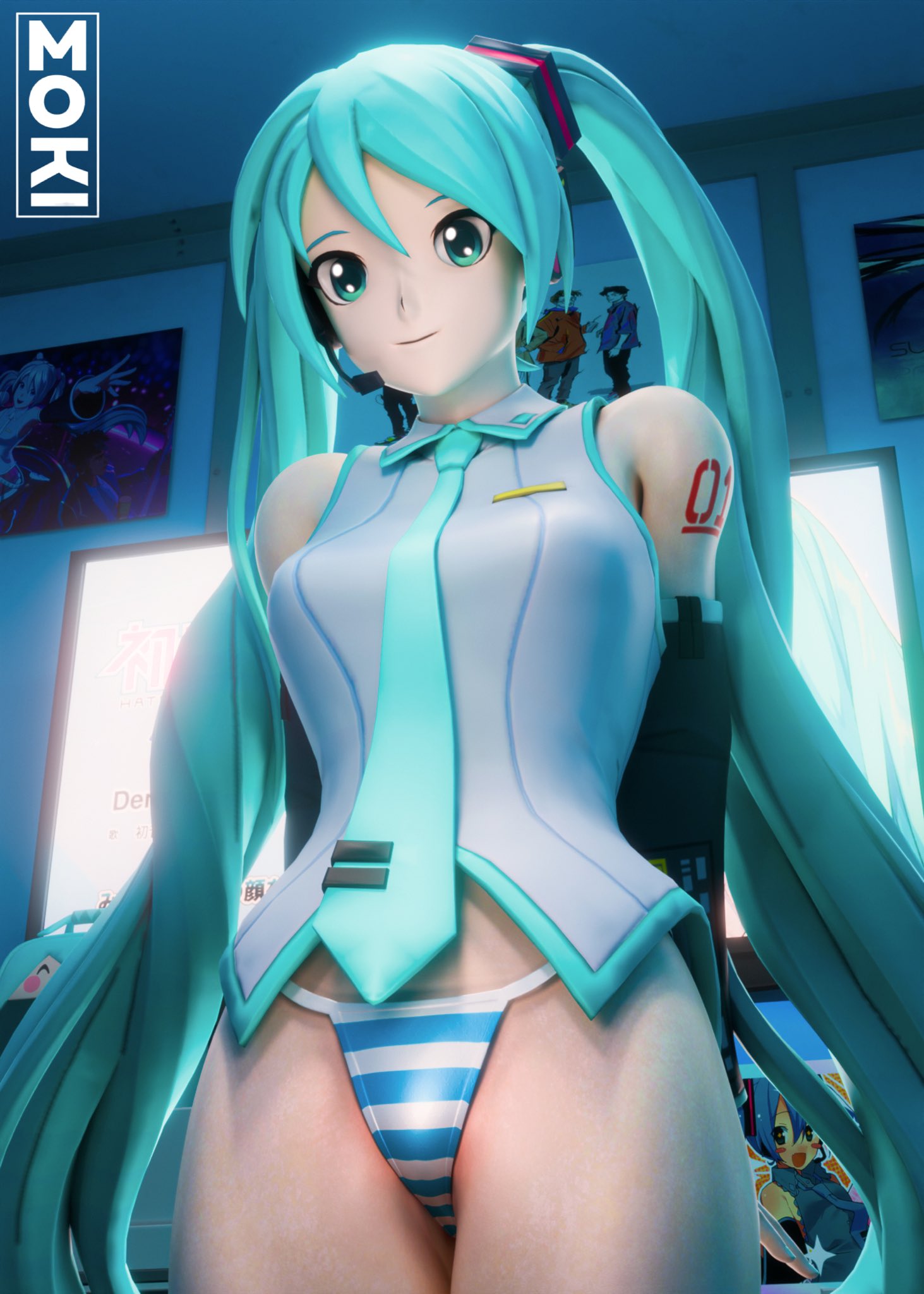 1girl, 1girls, 2025, 3d, 3d (artwork), aqua eyes, aqua hair, arms behind back, belly, blender, blue panties, clothed, clothing, detached sleeves, detailed background, epic games, female, female focus, female only, fortnite, fortnite: battle royale, hatsune miku, hatsune miku (fortnite), headphones, headset, hi res, highres, indoors, light skin, light-skinned female, long hair, looking at viewer, mokinawa, monitor, necktie, no pants, panties, ponytail, pose, posing, presenting, showing off, smile, smiling, solo, striped, striped panties, teal hair, twintails, underwear, very long hair, vocaloid, watermark