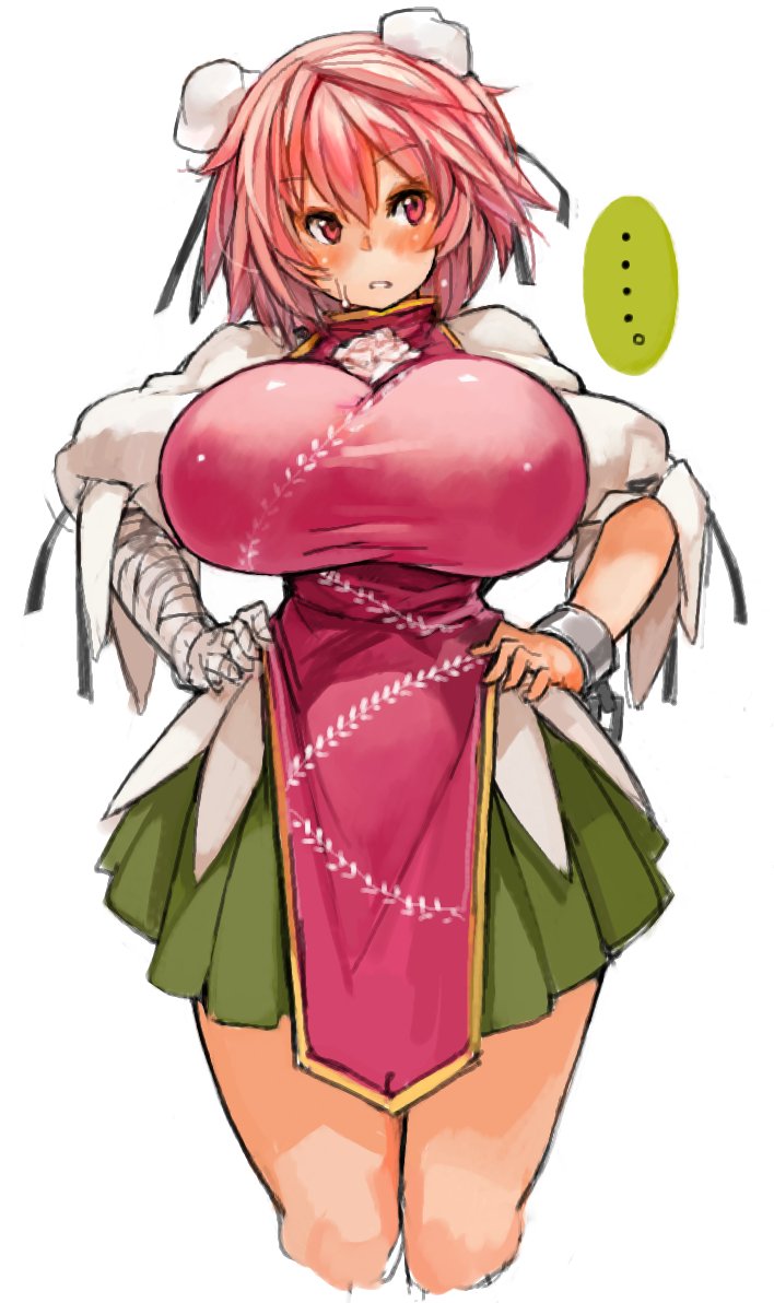 apron, arms, bandage, bandages, big breasts, breasts, buns, clothed, clothing, eyebrows, eyebrows visible through hair, eyelashes, female, female focus, female only, flower, flustered, fully clothed, green skirt, hair, hands, hands on hips, kasen ibaraki, legs, legs together, pink hair, red apron, red eyes, sachito, shackles, shiny, shiny clothes, short hair, short skirt, skirt, standing, sweat, sweatdrop, sweating, touhou, white background, white flower, white shirt, wraps