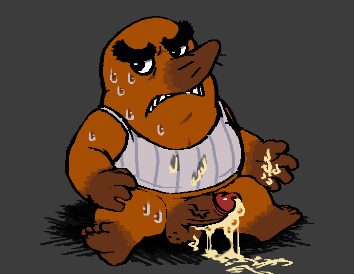 after_masturbation animal_crossing anthro balls bodily_fluids brown_body brown_fur clothing cum cum_on_ground cum_on_hand cum_on_penis eulipotyphlan fur genital_fluids genitals male male_only mammal mole_(animal) mr._resetti nintendo penis saltshovel shirt simple_background sitting slightly_chubby topwear video_games