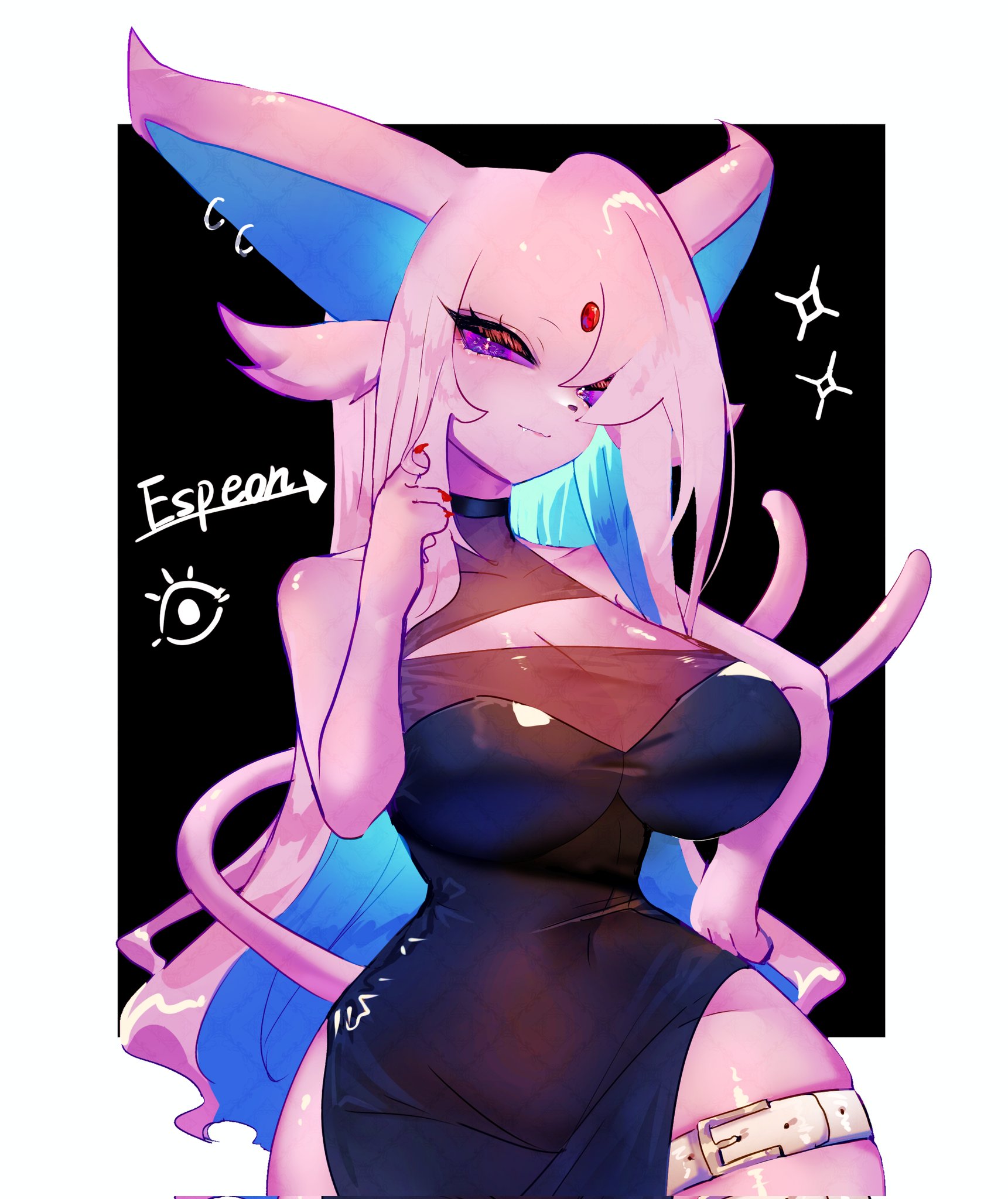 anthro, big breasts, breasts, cleavage, clothed, clothing, cute, cute face, dress, ear piercing, ear ring, eeveelution, espeon, female, female only, forehead gem, forked tail, hair, hi res, nintendo, piercing, pink hair, pokemon, pokemon (species), purple eyes, ring piercing, simple background, solo, solo female, tail, text, thigh belt, togetoge, unusual anatomy, unusual tail