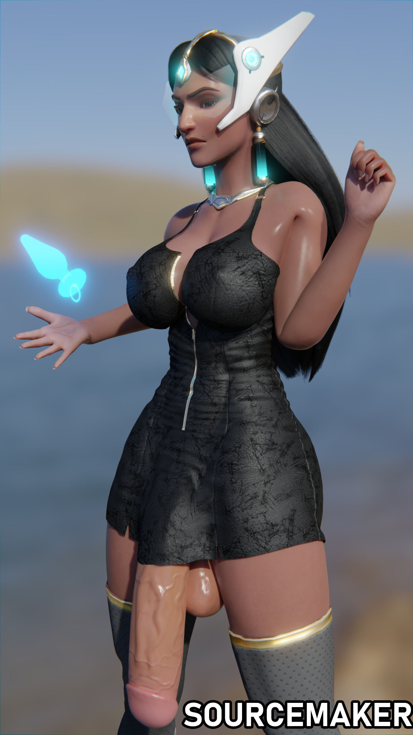 1futa, 3d, big breasts, blender, blue-tinted eyewear, breasts, dark skin, dark-skinned futa, flaccid, french nails, futa only, futanari, huge cock, intersex, large breasts, overwatch, penis, penis to the knees, solo, solo futa, sourcemaker, symmetra, tinted eyewear, visor