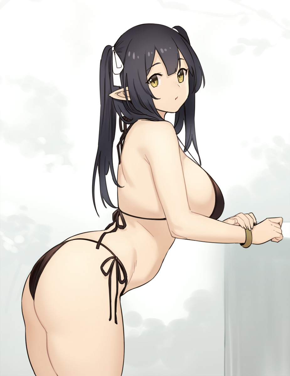 1girls big_breasts black_hair breasts cleavage elf elf_(houtengeki) female female_only houtengeki large_breasts looking_at_viewer looking_back solo yellow_eyes