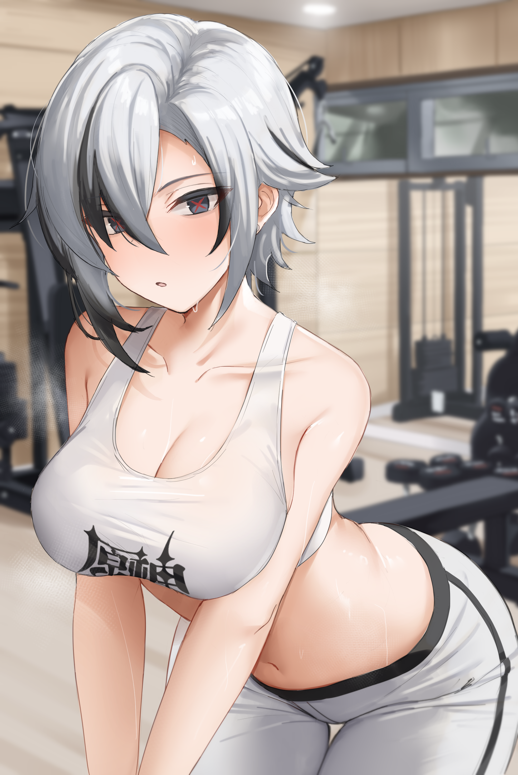 1girls, arlecchino (genshin impact), bent over, black eyes, blush, breasts, busty, female, genshin impact, gym, large breasts, leggings, looking at viewer, midriff, open mouth, shengtian, solo, solo female, sports bra, sportswear, sweat, white hair, white legwear