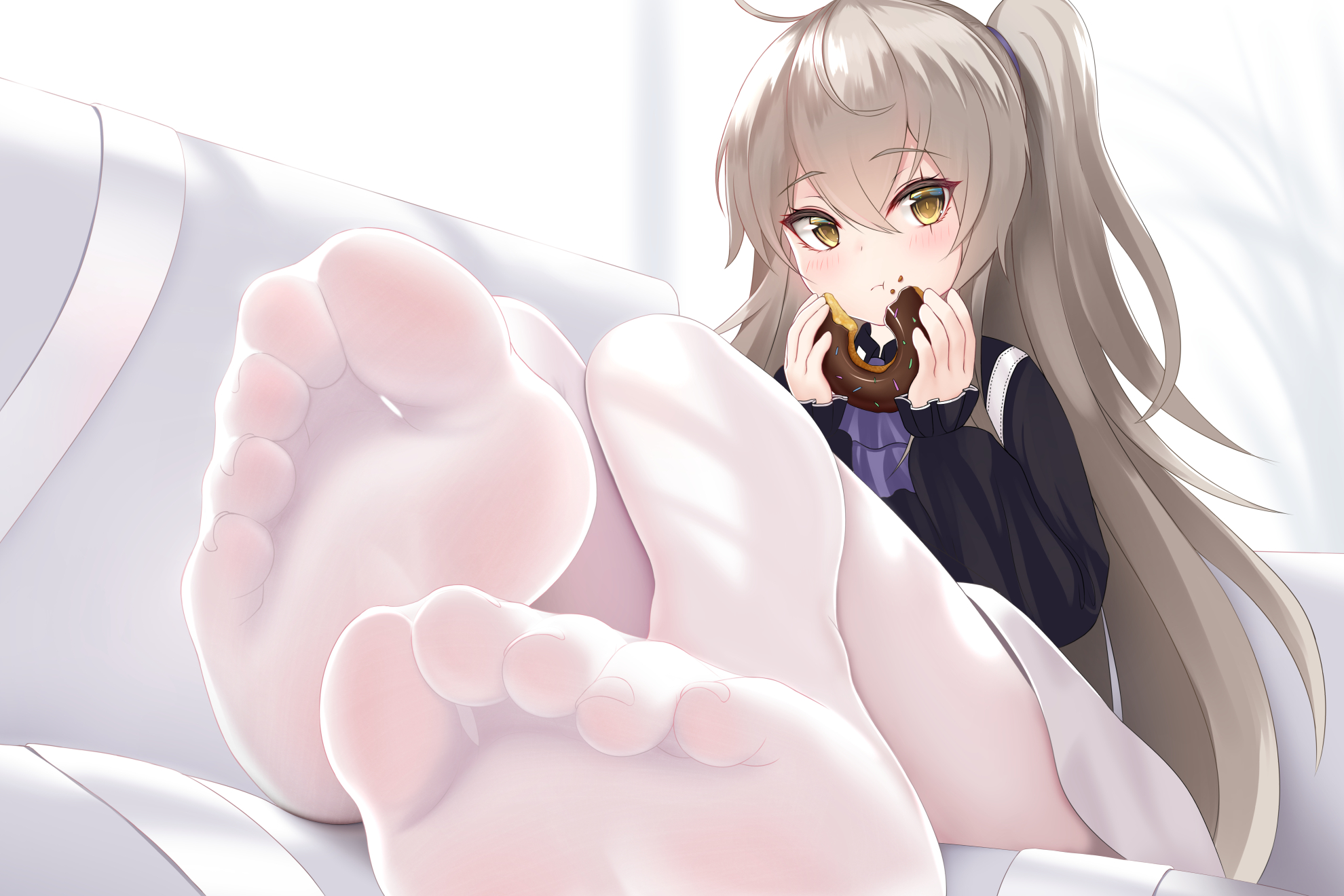 damao yu, donut, feet, food, foot focus, girls' frontline, light skin, skirt, ump45 (girls' frontline), very long hair