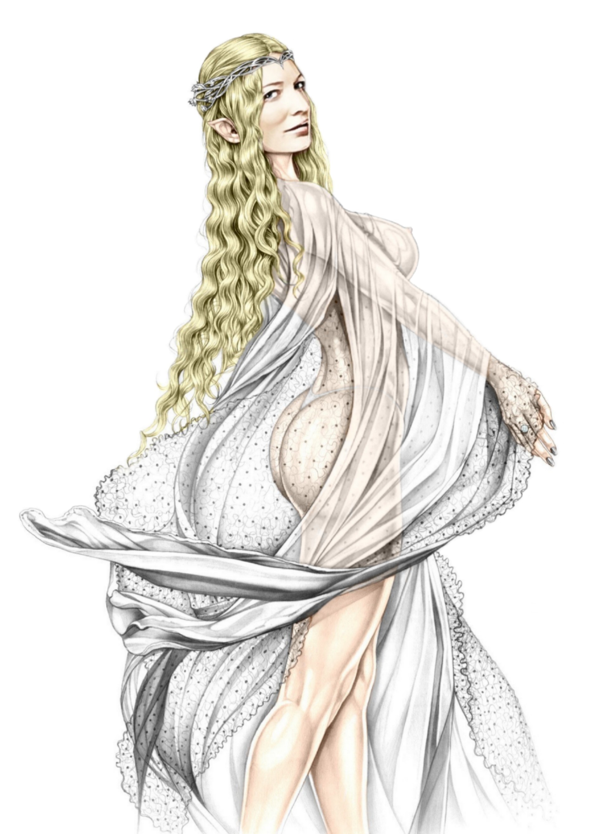 1girls, 2d, actress, armando huerta, ass, blonde hair, breasts, cate blanchett, celebrity, clothed, color, colored, covered breasts, covered nipples, crown, dress, edit, elf, elf ears, elf female, erect nipples, female, female only, galadriel, hips, large breasts, legs, long hair, lord of the rings, model, nipple bulge, nipples, panties, pointy ears, see-through, see-through clothing, sideboob, solo, solo female, the hobbit, thighs, tiara, very long hair