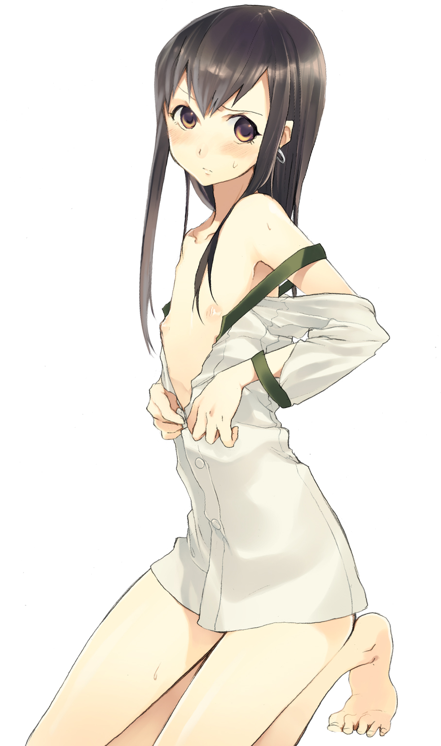 bad_feet barefoot black_hair blush bottomless brown_eyes earrings feet flat_chest highres jewelry k_(artist) kaimuari koga_norio long_hair narutaru open_clothes open_shirt shirt sweatdrop trap undressing