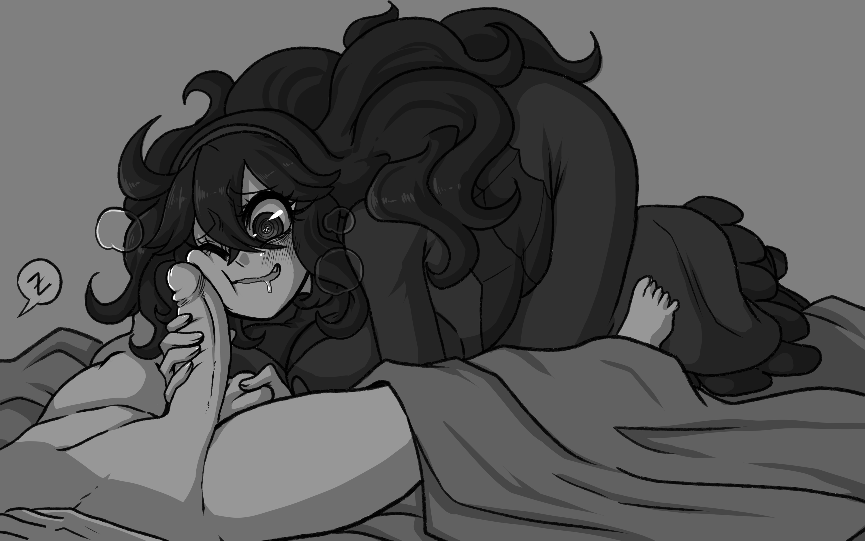 @ @, 1boy, 1girls, ass, ass in dress, balls, bed, blush, breasts, clothed, clothed female nude male, dress, drooling, eyelashes, fang, feet, female, game freak, greyscale, handjob, hex maniac, hex maniac (pokemon xy), holding, human, large breasts, long hair, male, monochrome, nintendo, on back, one eye closed, penis, penis on face, pokemon, pokemon xy, saliva, sleeping, smile, spiral eyes, straight, teeth, testicles, toes