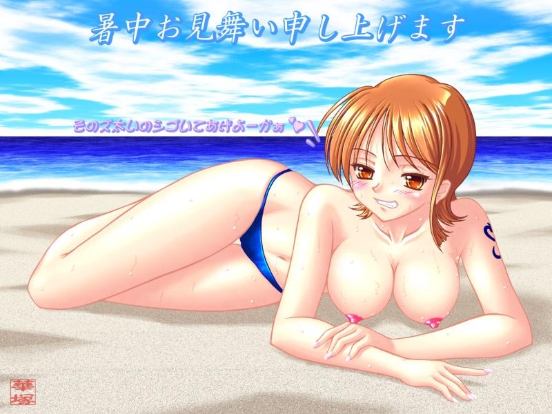 beige_skin breasts color day female female_only front_view hair hanazuka_ryouji human nami nipples one_piece orange_hair outdoors pre-timeskip repeated_image solo straight_hair tagme tattoo topless