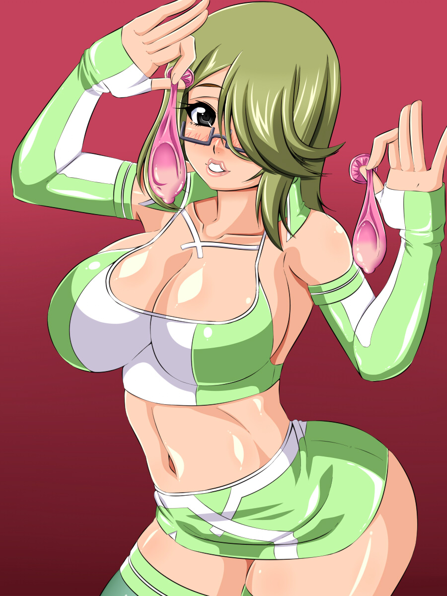 black-framed_glasses blush breasts chousoku_henkei_gyrozetter cleavage condom cum female fingerless_gloves gekikara_koushinryoun glasses gloves green_hair green_legwear grey_eyes hair_over_one_eyes huge_breasts lips long_hair race_queen red_background semi-rimless_glasses shoudou_kotoha simple_background solo standing striped striped_legwear thighhighs under-rim_glasses undersized_clothes used_condom