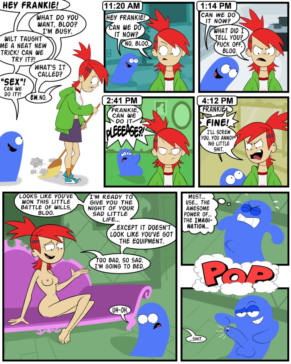 bloo blue_skin breasts cartoon_network chunk clothing comic dialogue female foster's_home_for_imaginary_friends frankie_foster human male red_hair tagme text